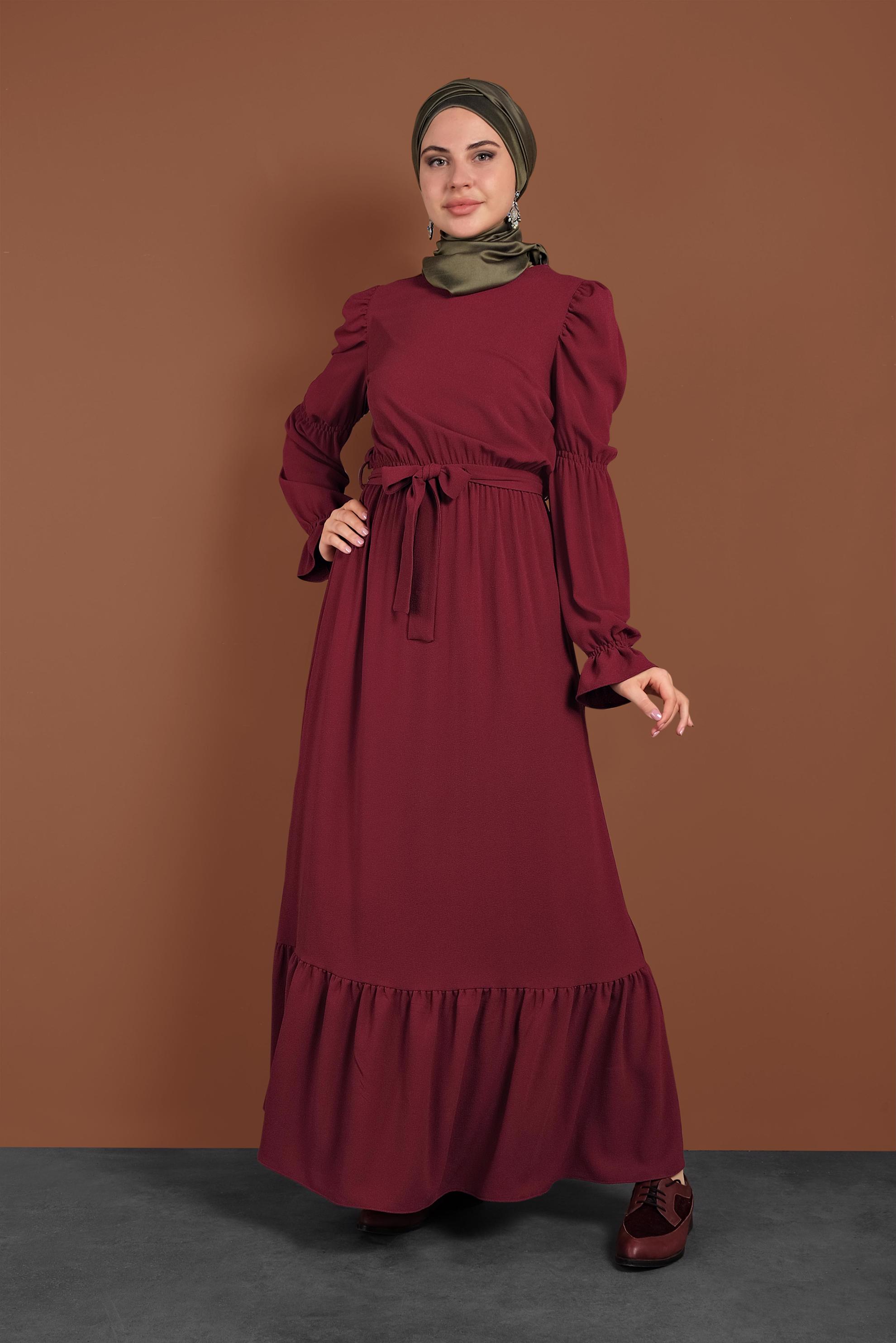 Tesettür giyim BORDO  VOLANLI KUŞAKLI ELBİSE 40339 