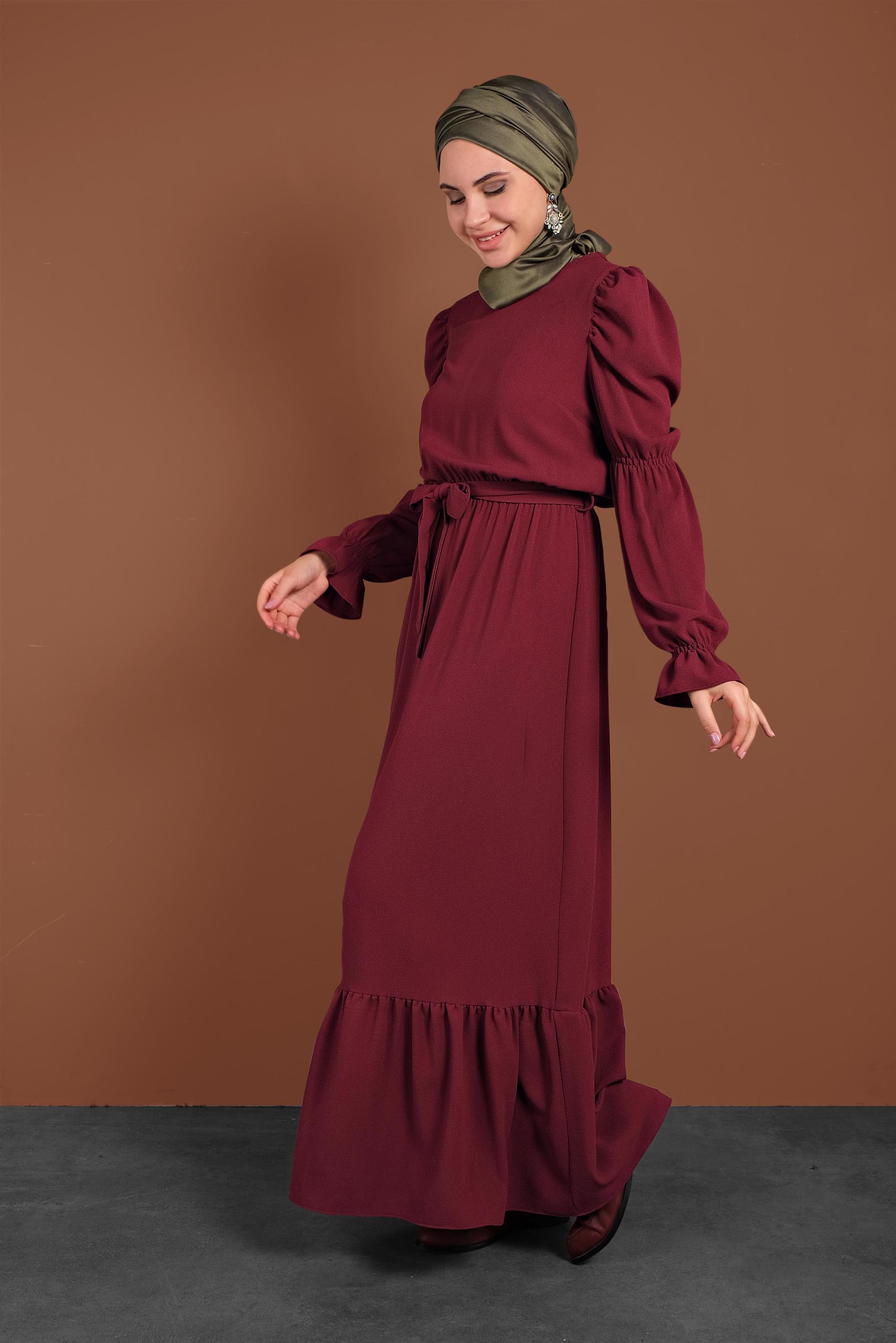 Tesettür giyim BORDO  VOLANLI KUŞAKLI ELBİSE 40339 