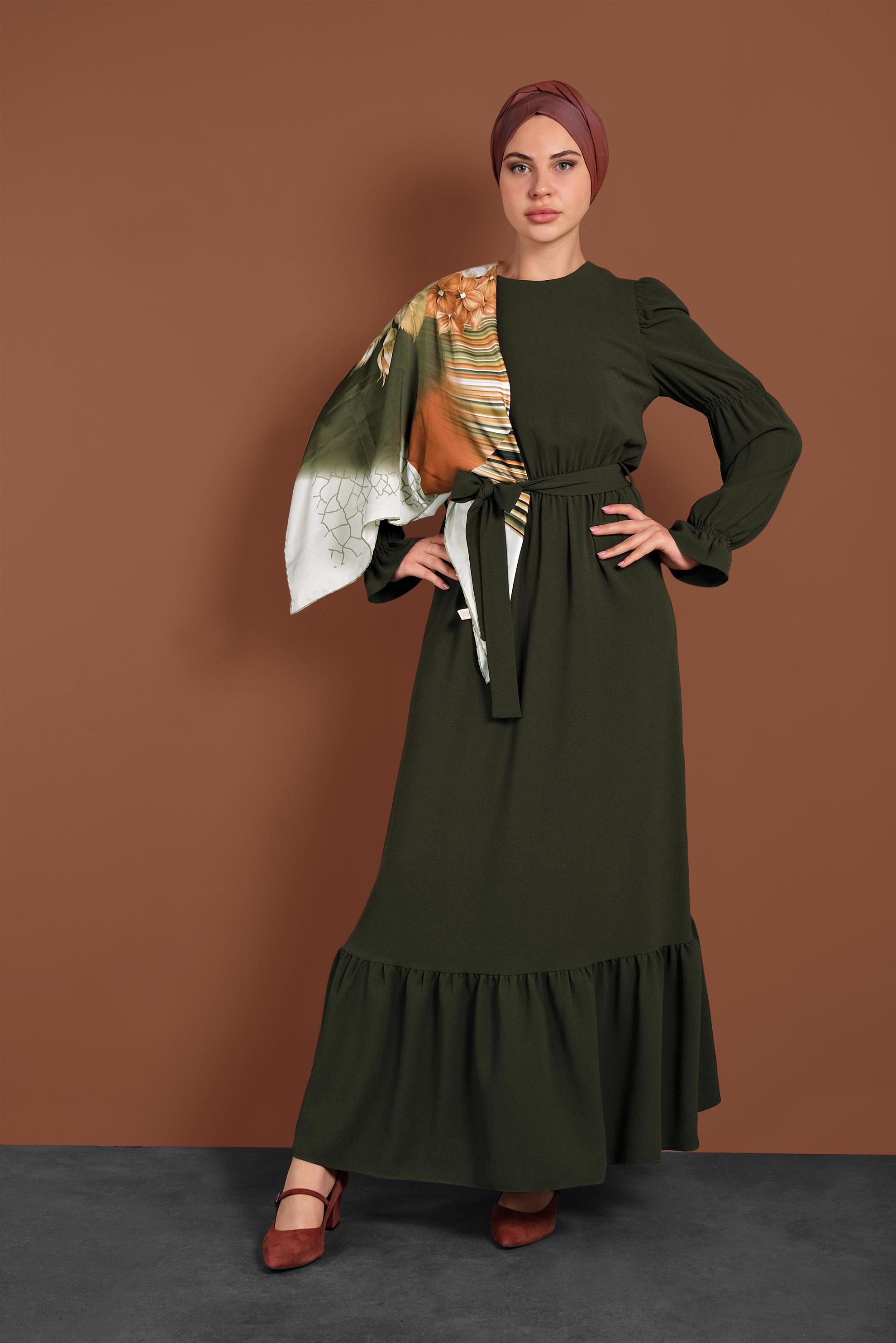 Tesettür giyim HAKİ  VOLANLI KUŞAKLI ELBİSE 40339 