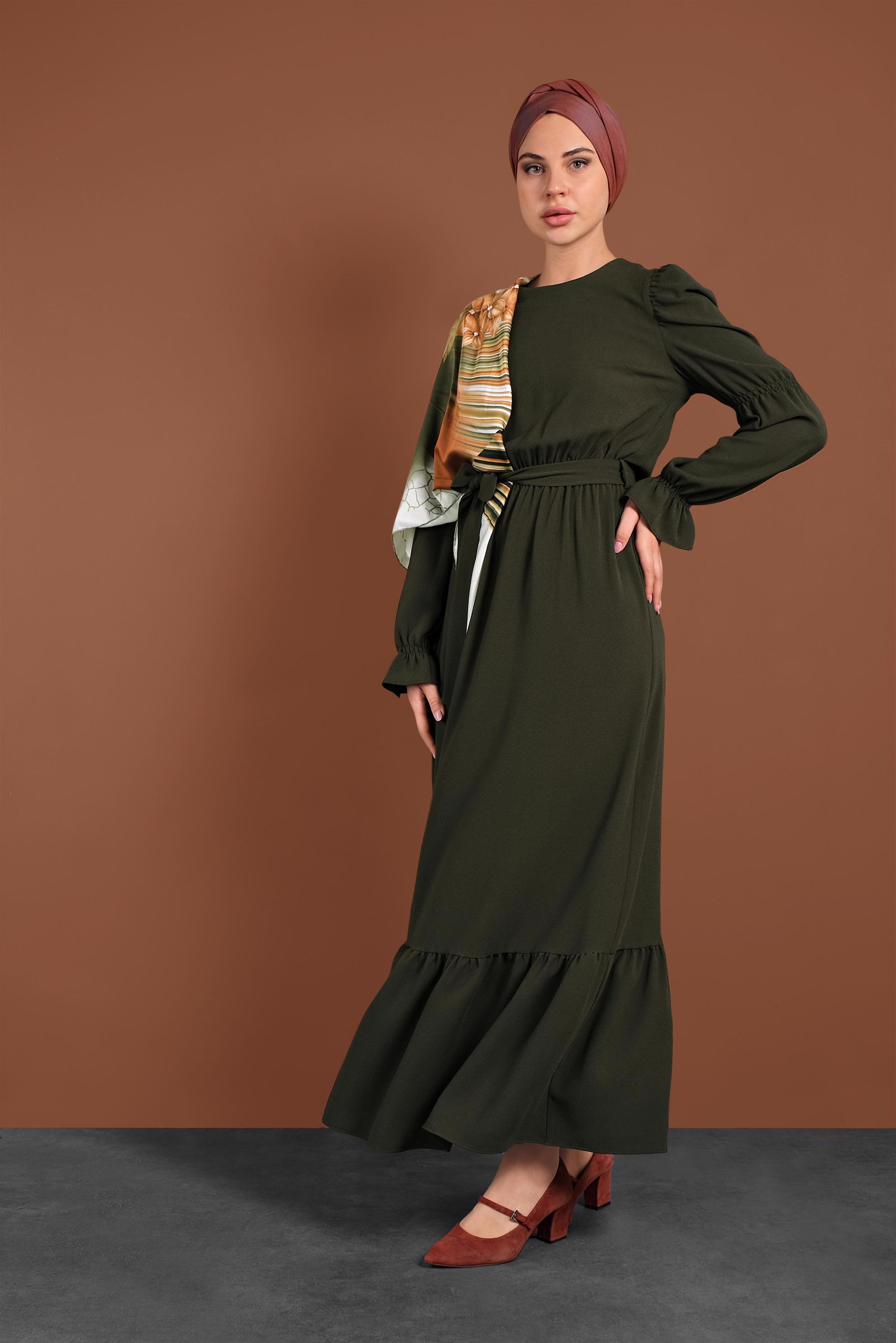 Tesettür giyim HAKİ  VOLANLI KUŞAKLI ELBİSE 40339 