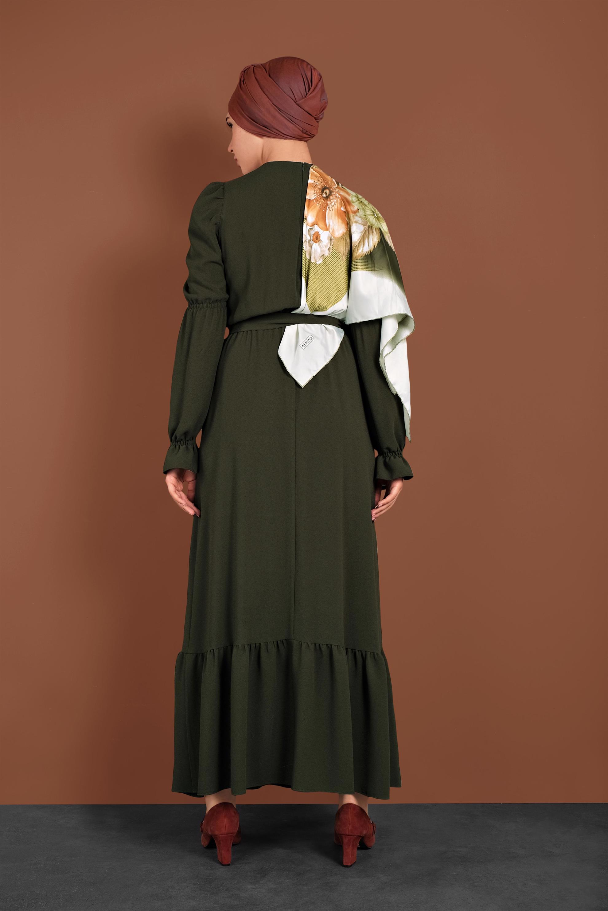 Tesettür giyim HAKİ  VOLANLI KUŞAKLI ELBİSE 40339 