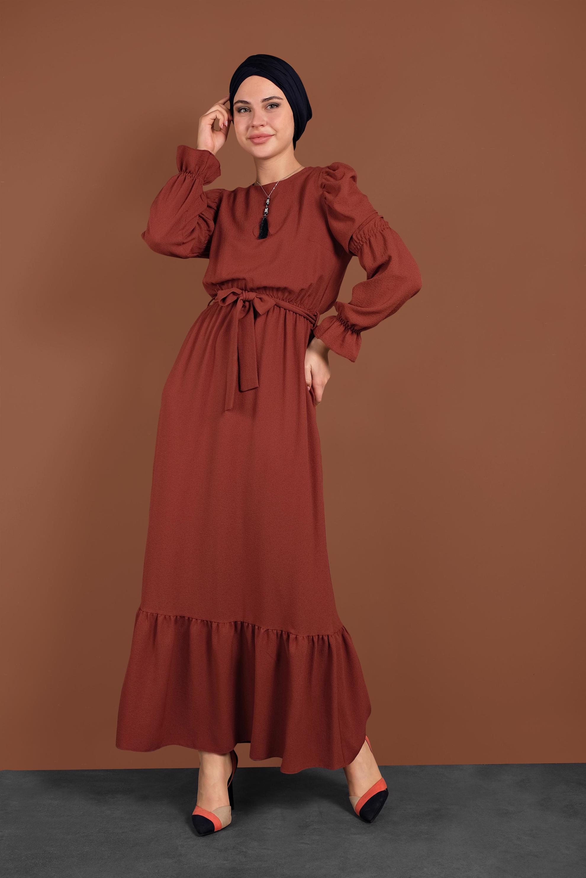 Tesettür giyim TURUNCU  VOLANLI KUŞAKLI ELBİSE 40339 