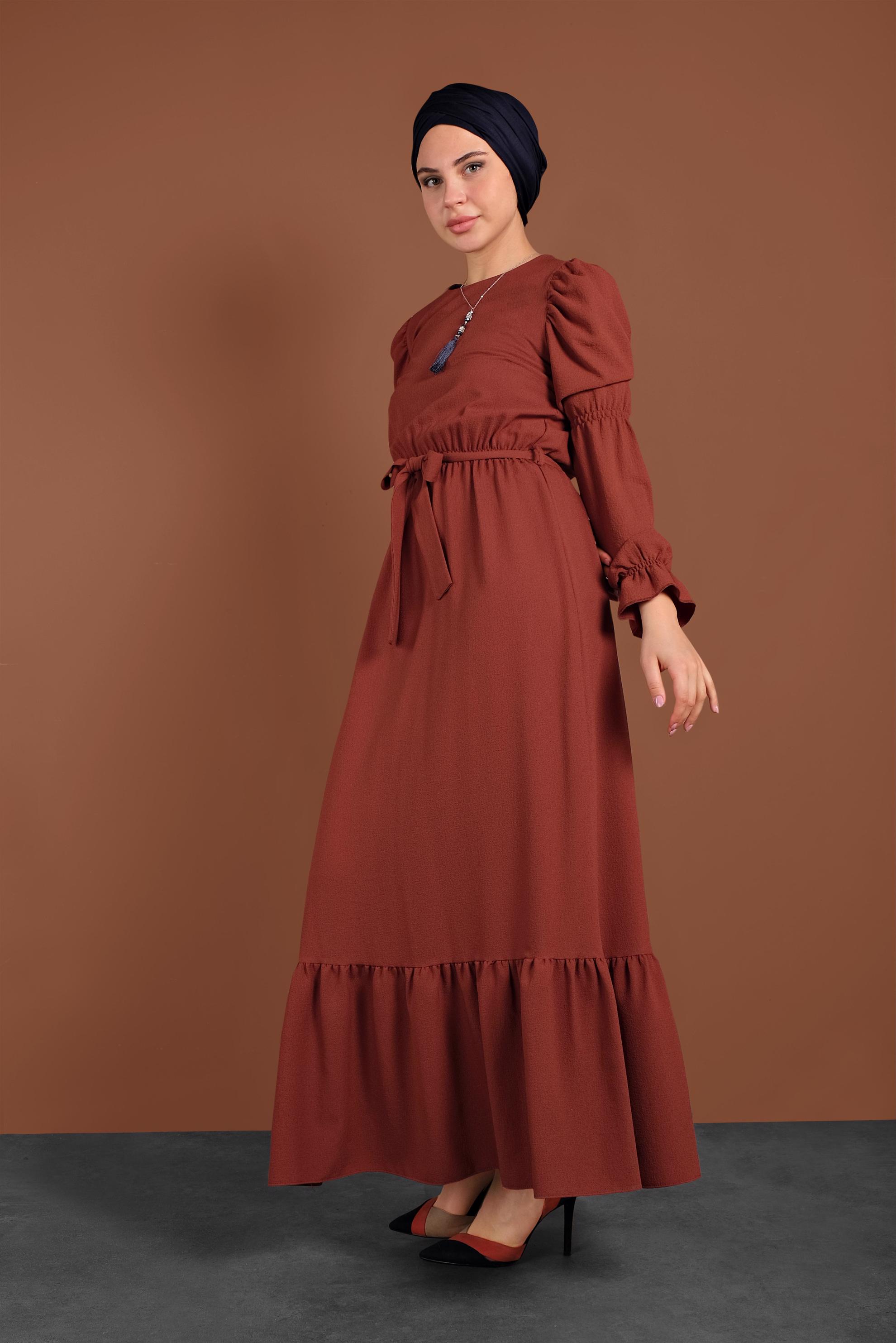 Tesettür giyim TURUNCU  VOLANLI KUŞAKLI ELBİSE 40339 