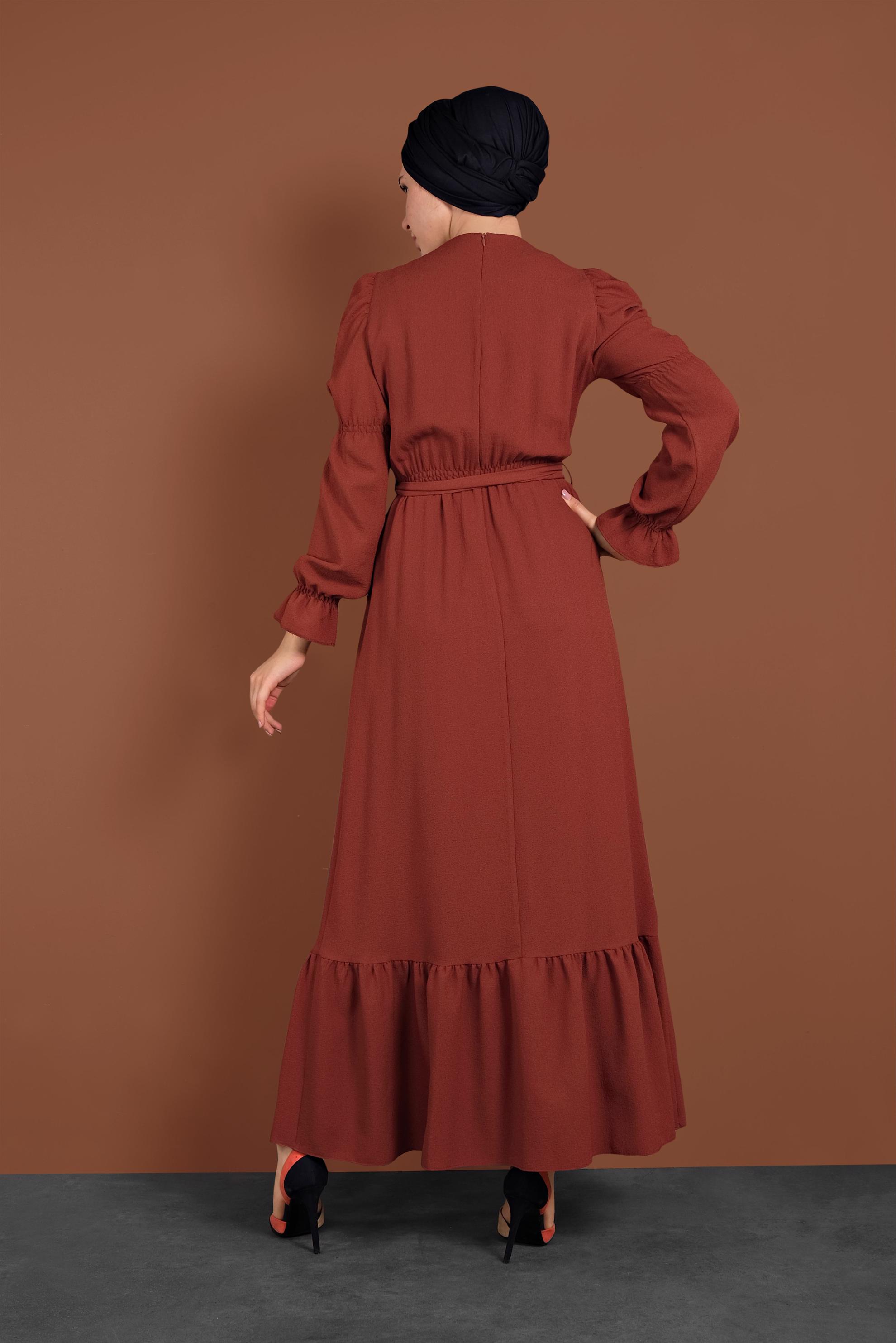 Tesettür giyim TURUNCU  VOLANLI KUŞAKLI ELBİSE 40339 