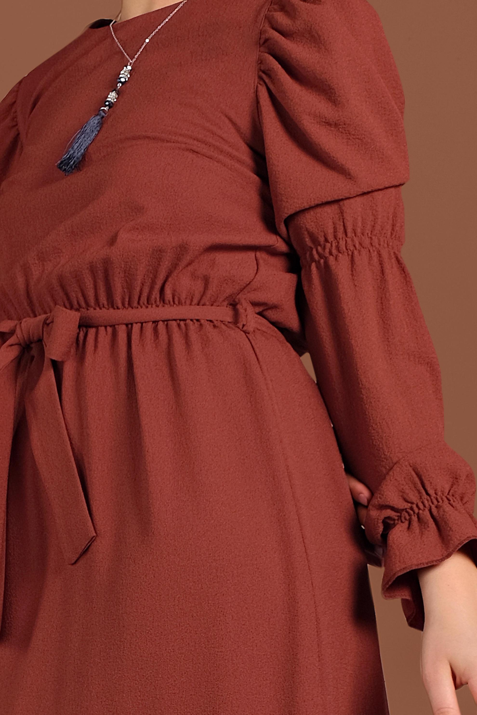 Tesettür giyim TURUNCU  VOLANLI KUŞAKLI ELBİSE 40339 