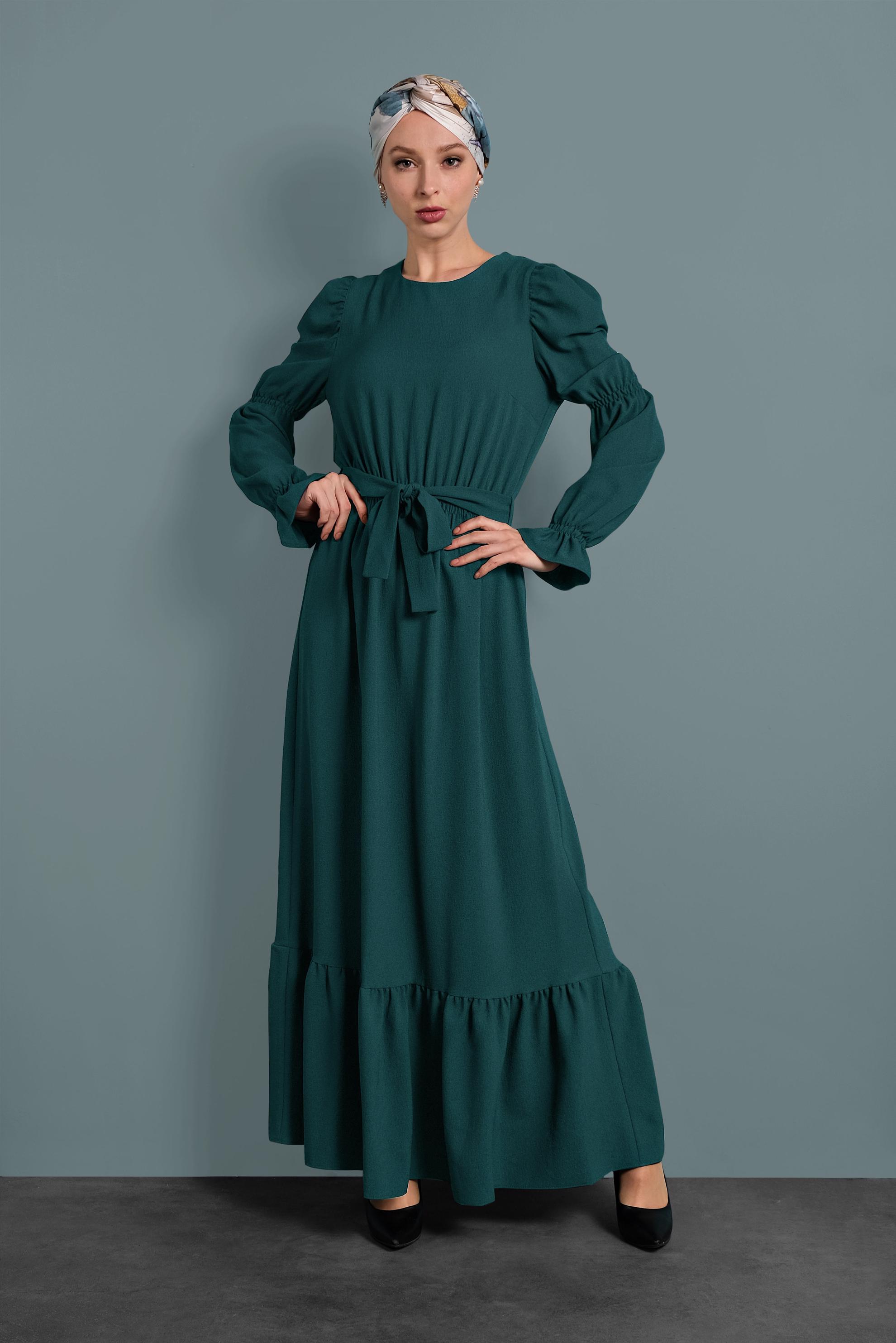 Tesettür giyim MAVİ  VOLANLI KUŞAKLI ELBİSE 40339 