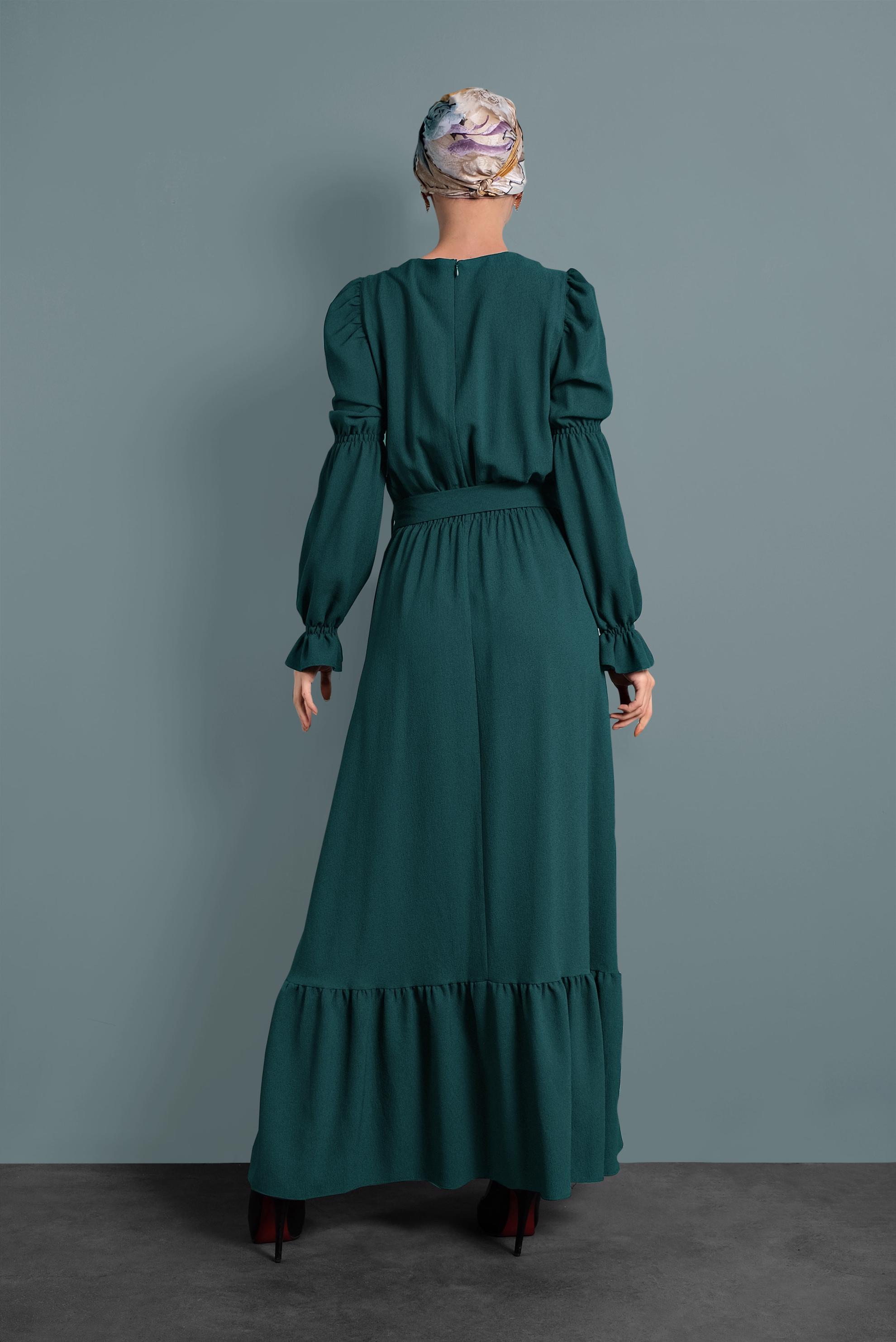 Tesettür giyim MAVİ  VOLANLI KUŞAKLI ELBİSE 40339 