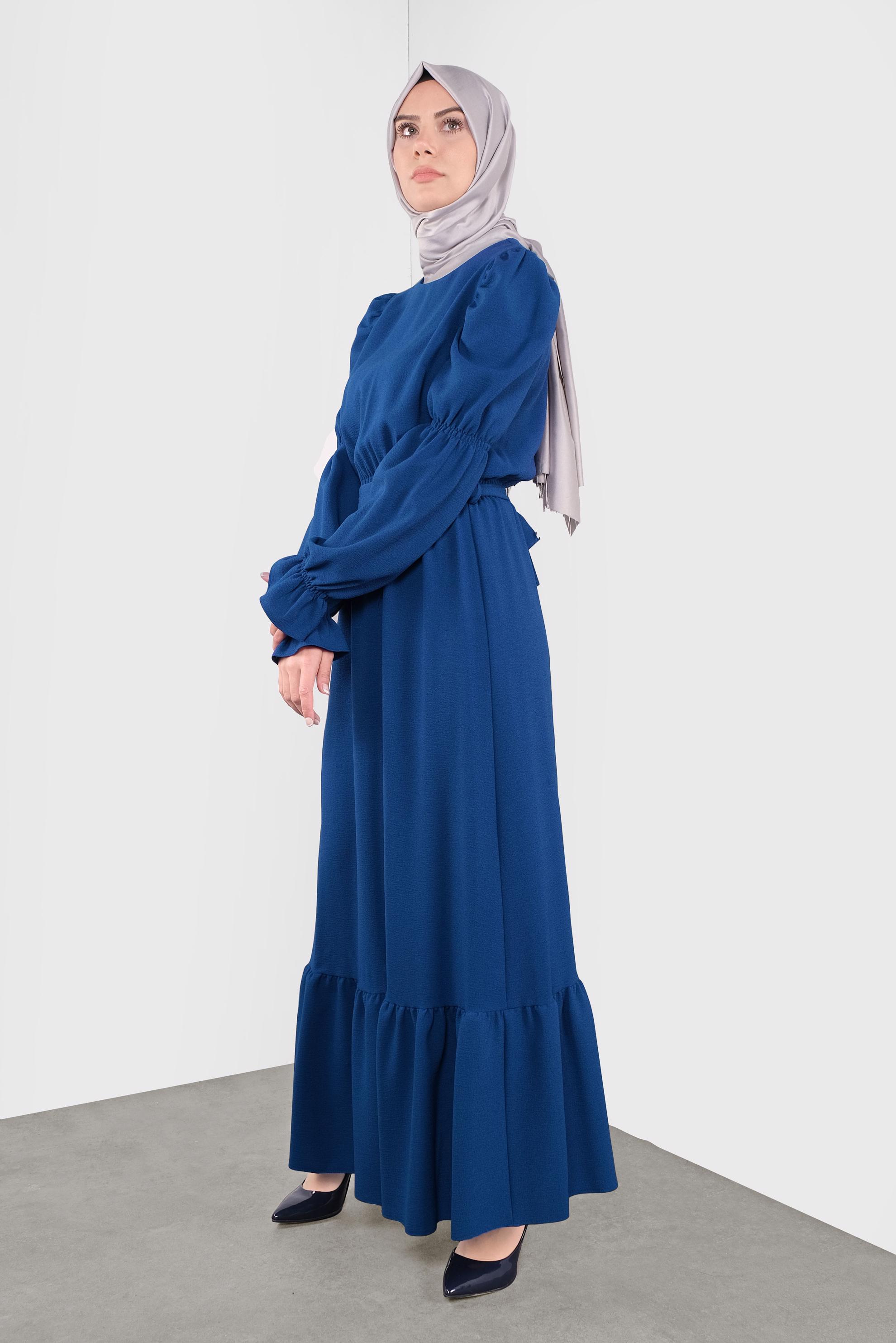 Tesettür giyim LACİVERT  VOLANLI KUŞAKLI ELBİSE 40339 