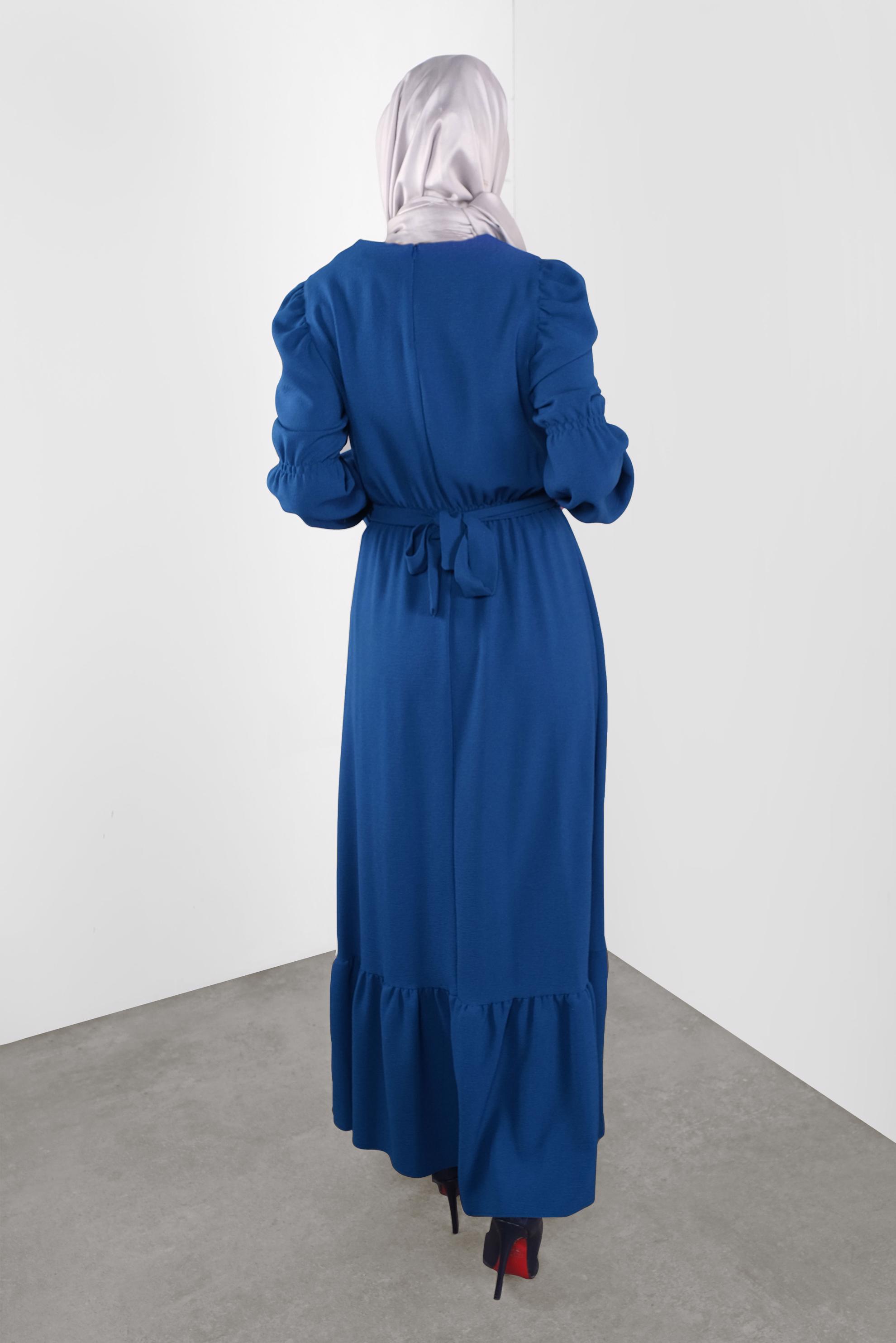 Tesettür giyim LACİVERT  VOLANLI KUŞAKLI ELBİSE 40339 