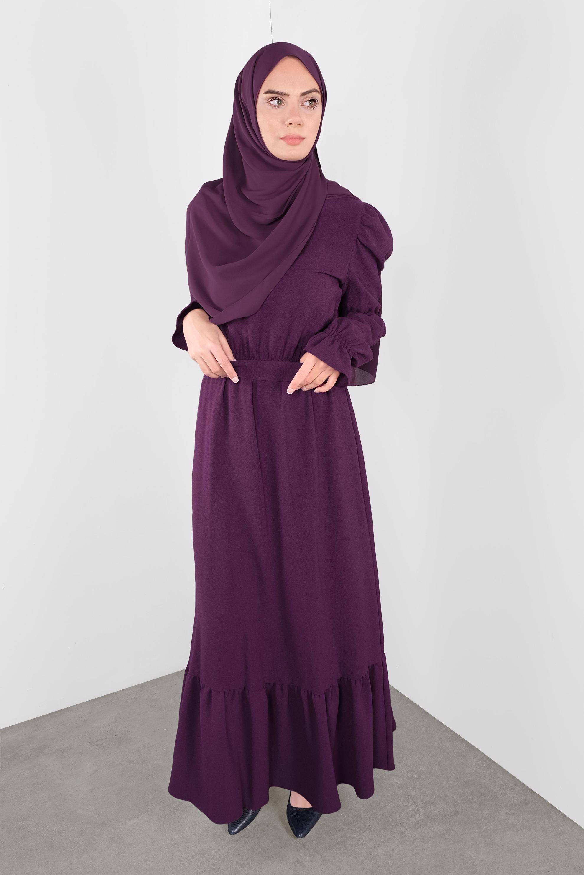 Tesettür giyim MOR  VOLANLI KUŞAKLI ELBİSE 40339 