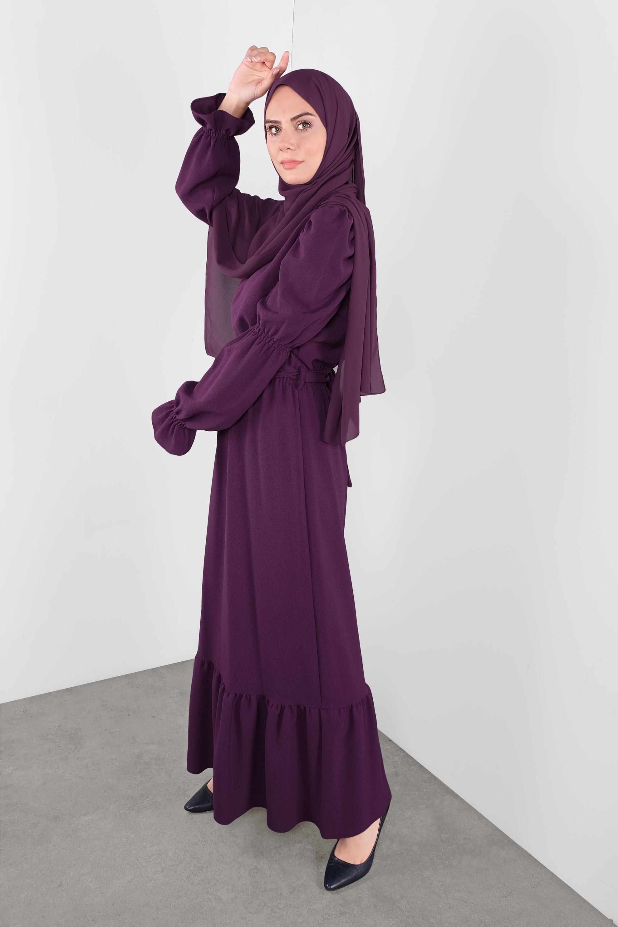 Tesettür giyim MOR  VOLANLI KUŞAKLI ELBİSE 40339 