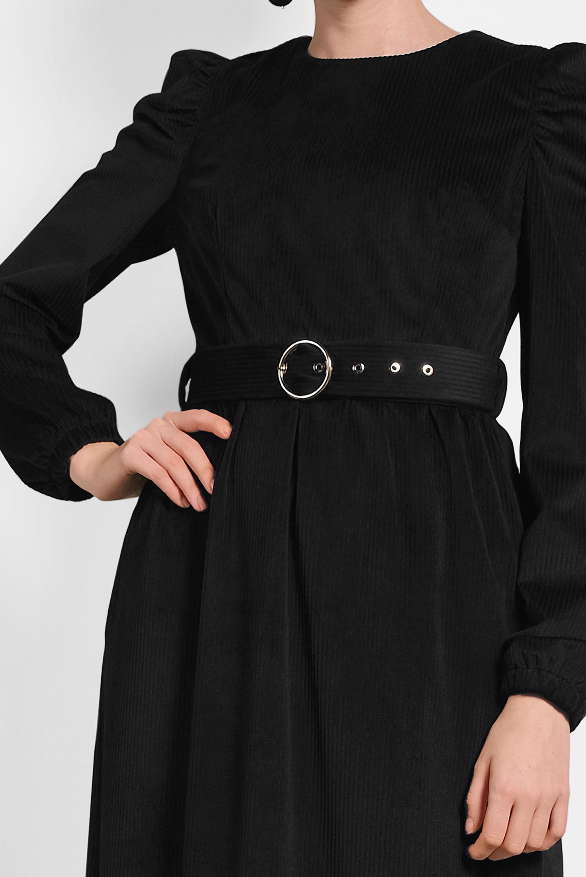 Tesettür giyim SİYAH KEMERLİ KADİFE ELBİSE 40349