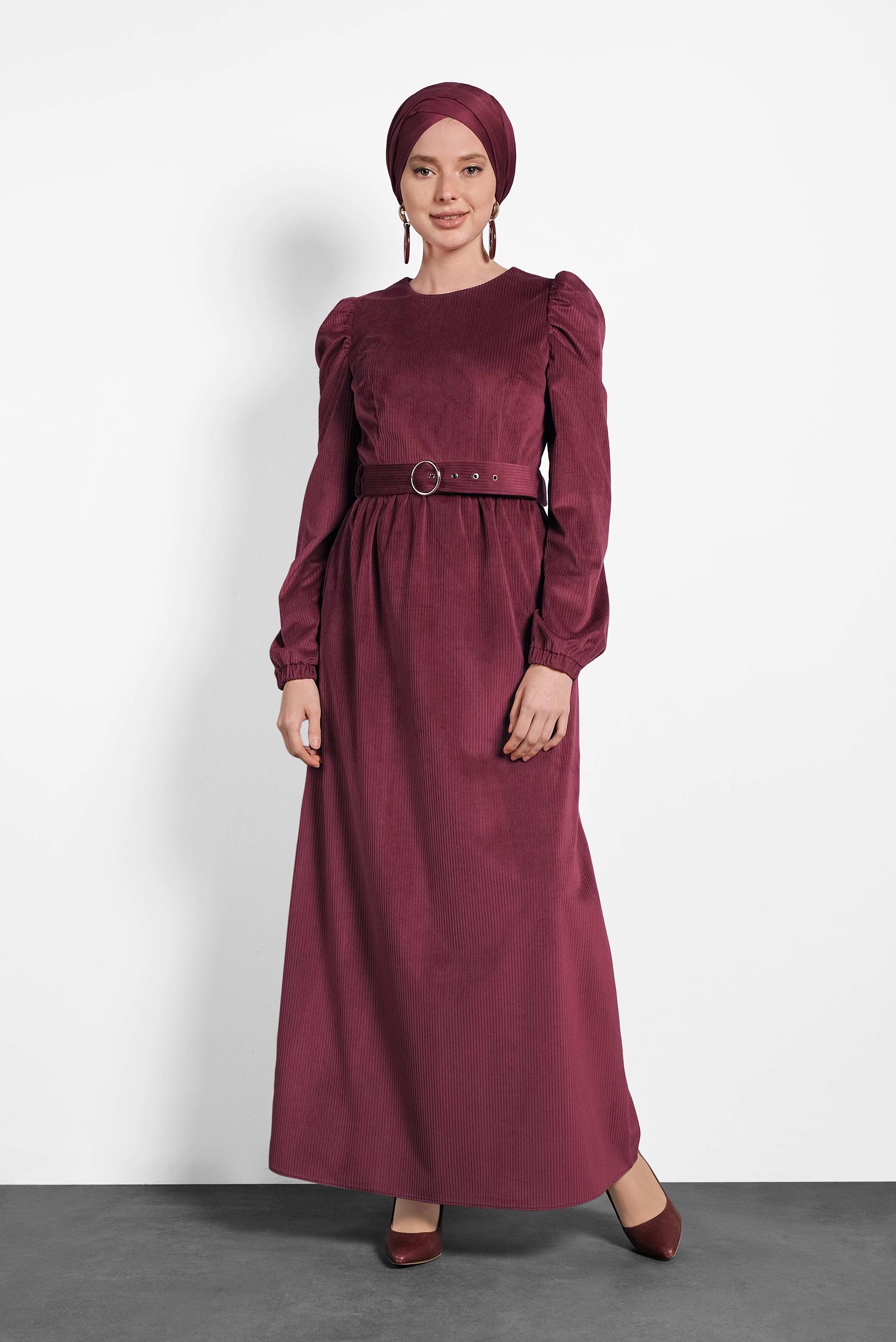 Tesettür giyim BORDO KEMERLİ KADİFE ELBİSE 40349