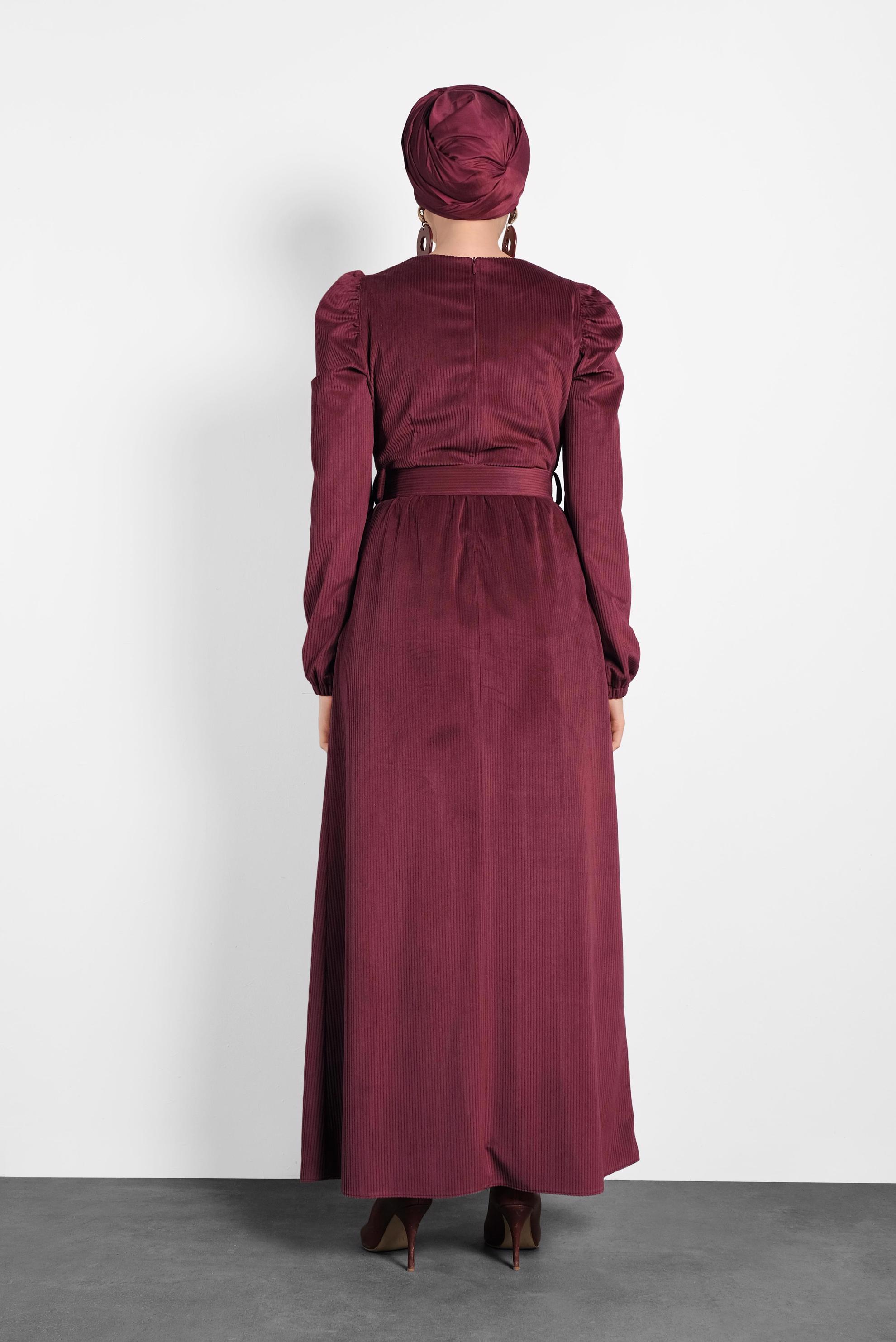 Tesettür giyim BORDO KEMERLİ KADİFE ELBİSE 40349