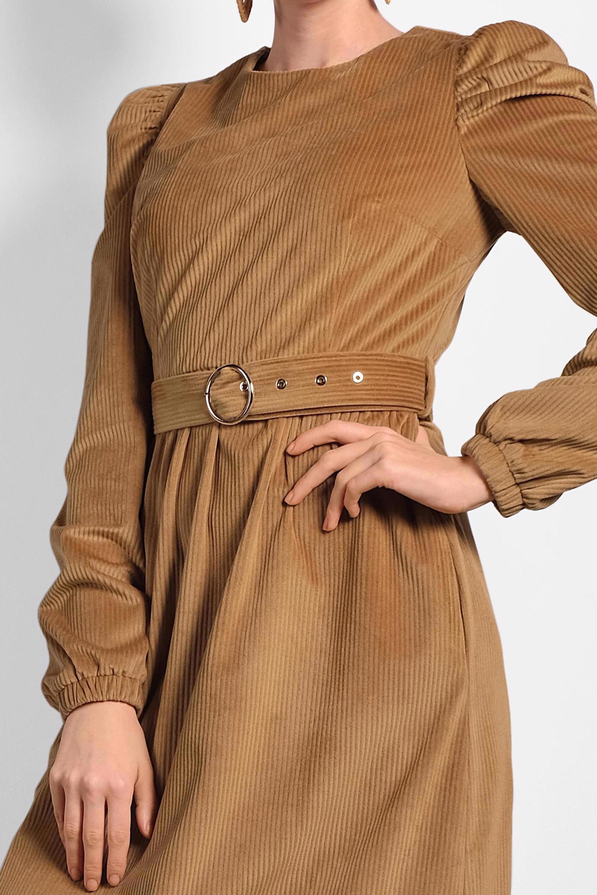 Tesettür giyim TABA KEMERLİ KADİFE ELBİSE 40349