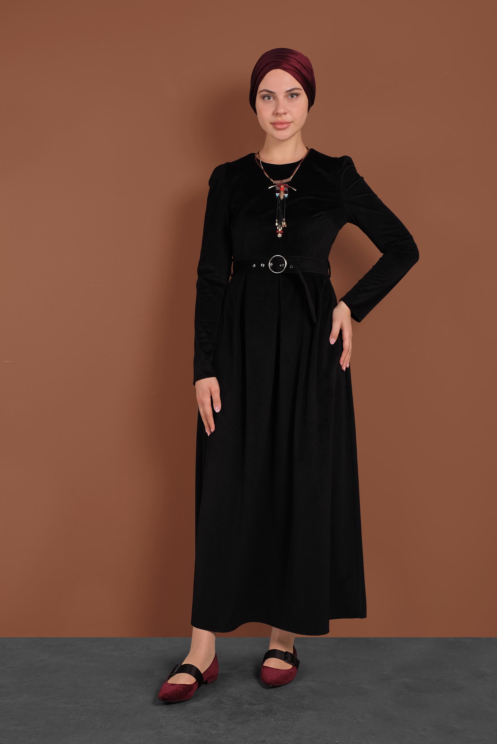 Tesettür giyim SİYAH KADİFE ELBİSE 40350 