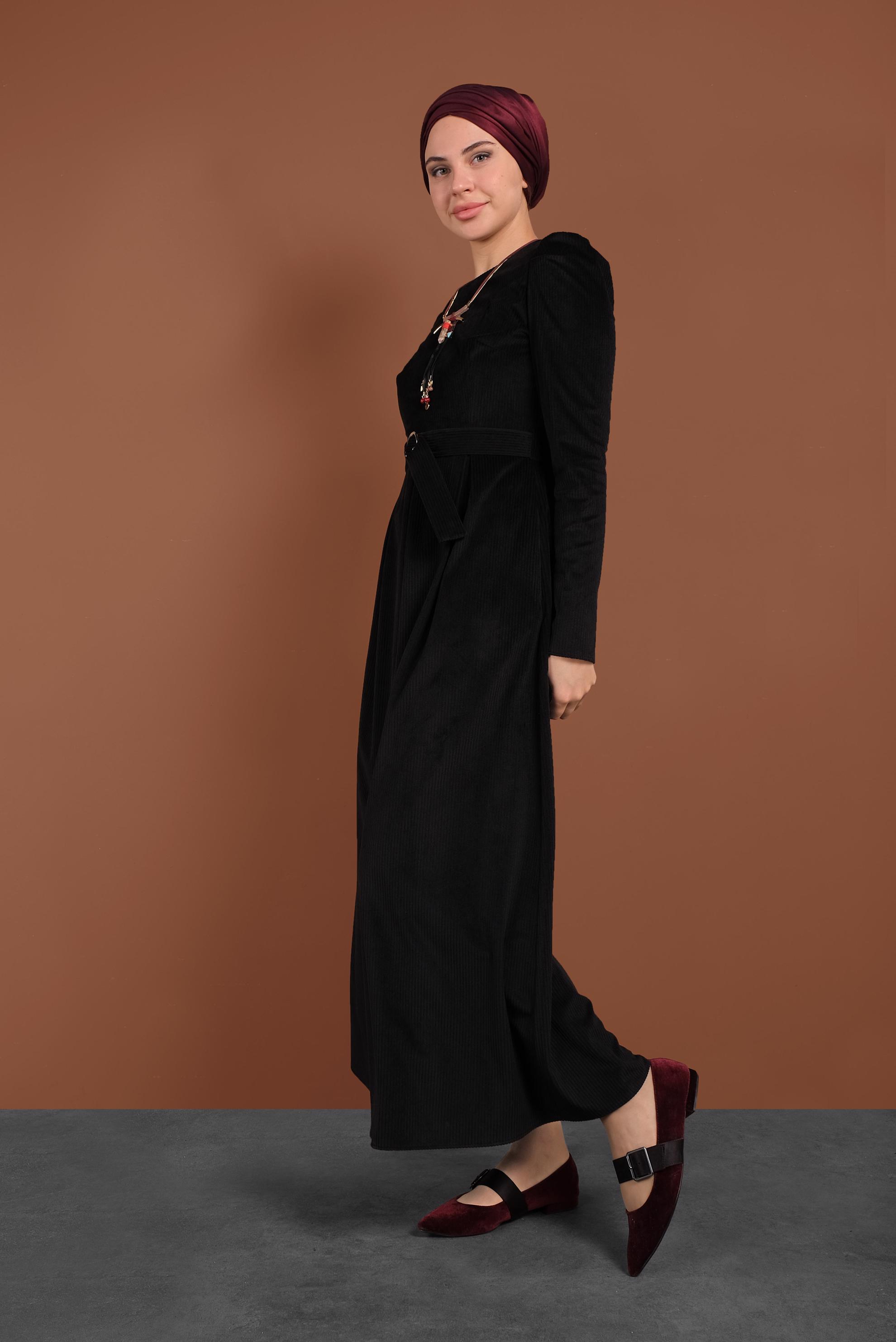 Tesettür giyim SİYAH KADİFE ELBİSE 40350 