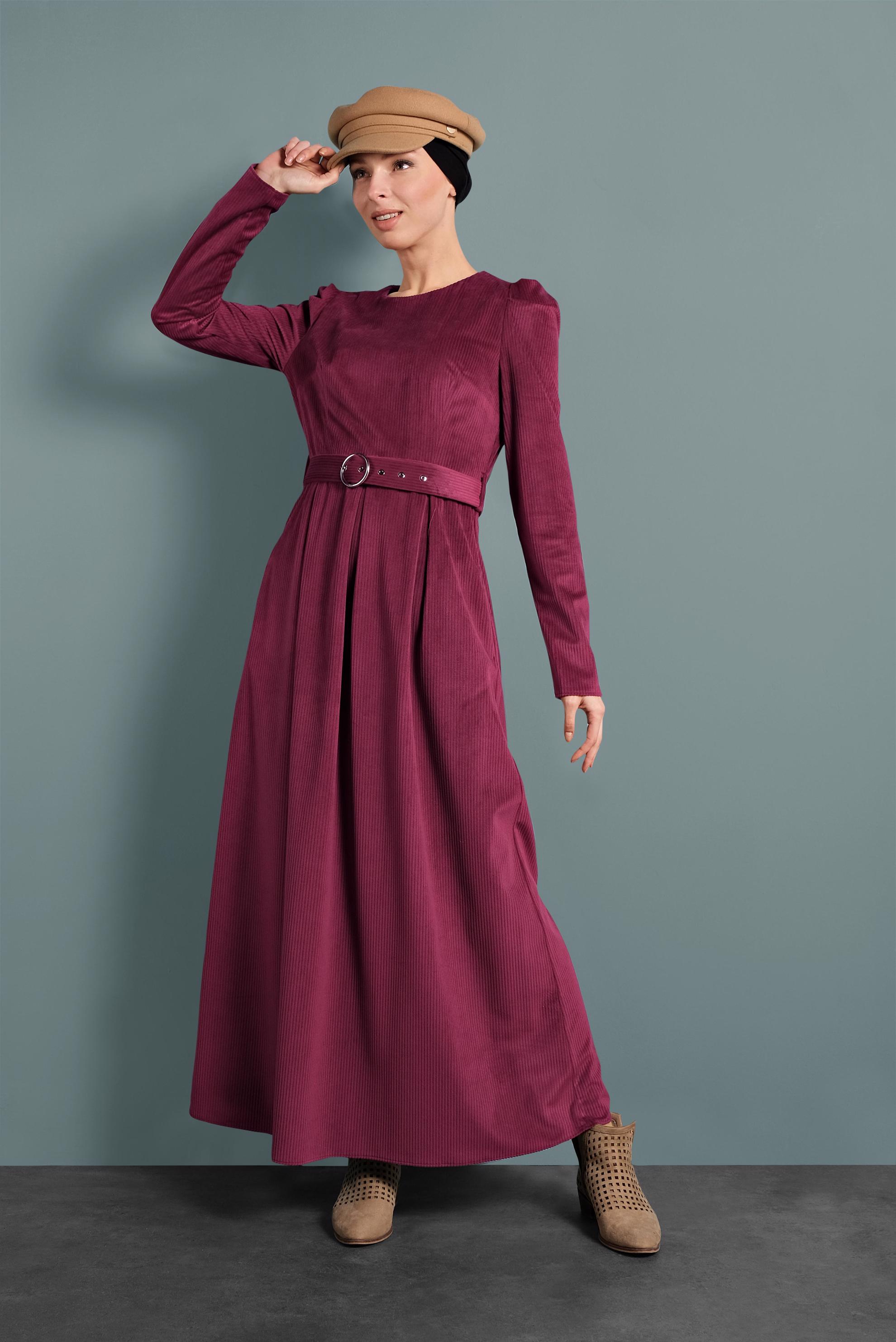 Tesettür giyim BORDO KADİFE ELBİSE 40350 