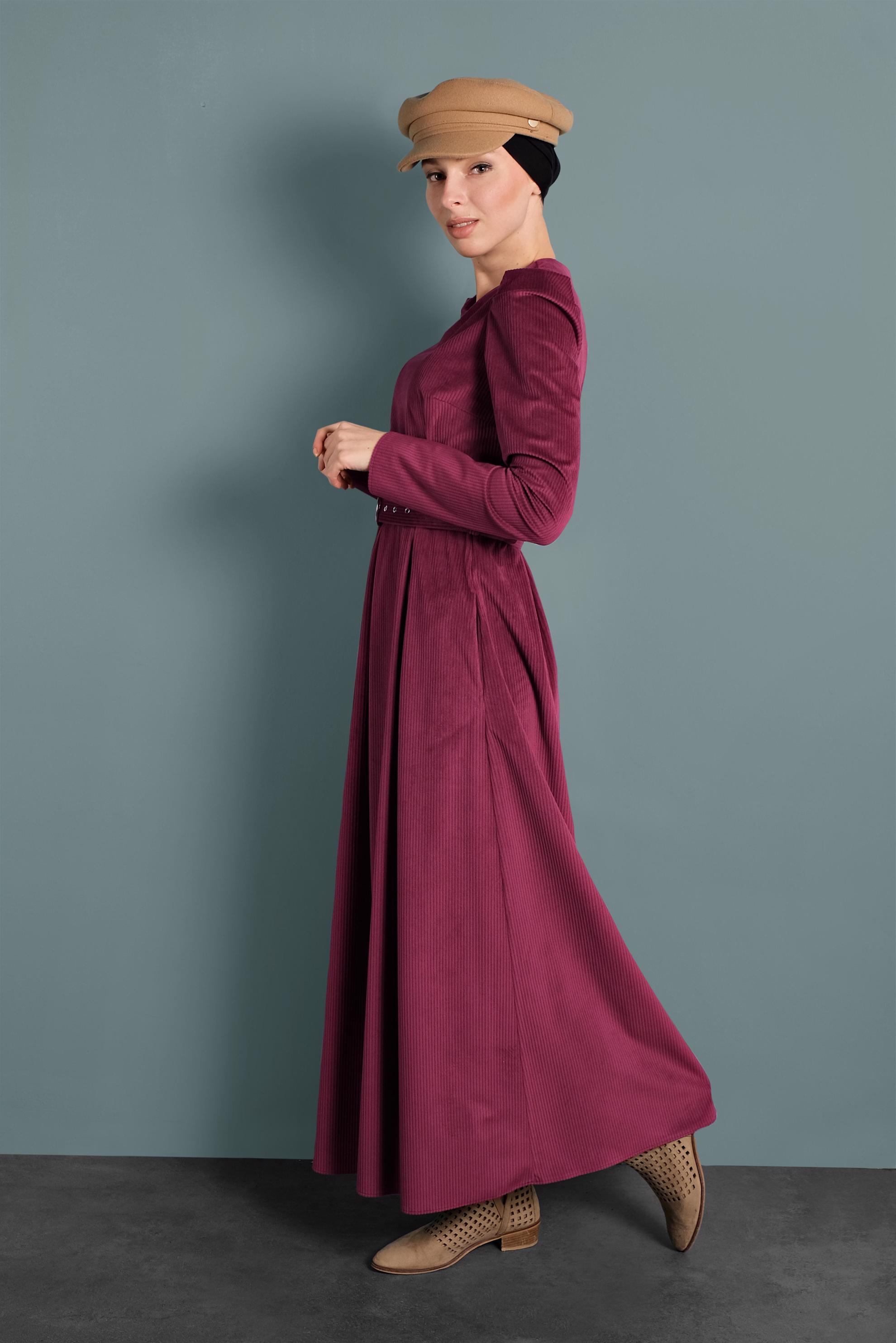 Tesettür giyim BORDO KADİFE ELBİSE 40350 