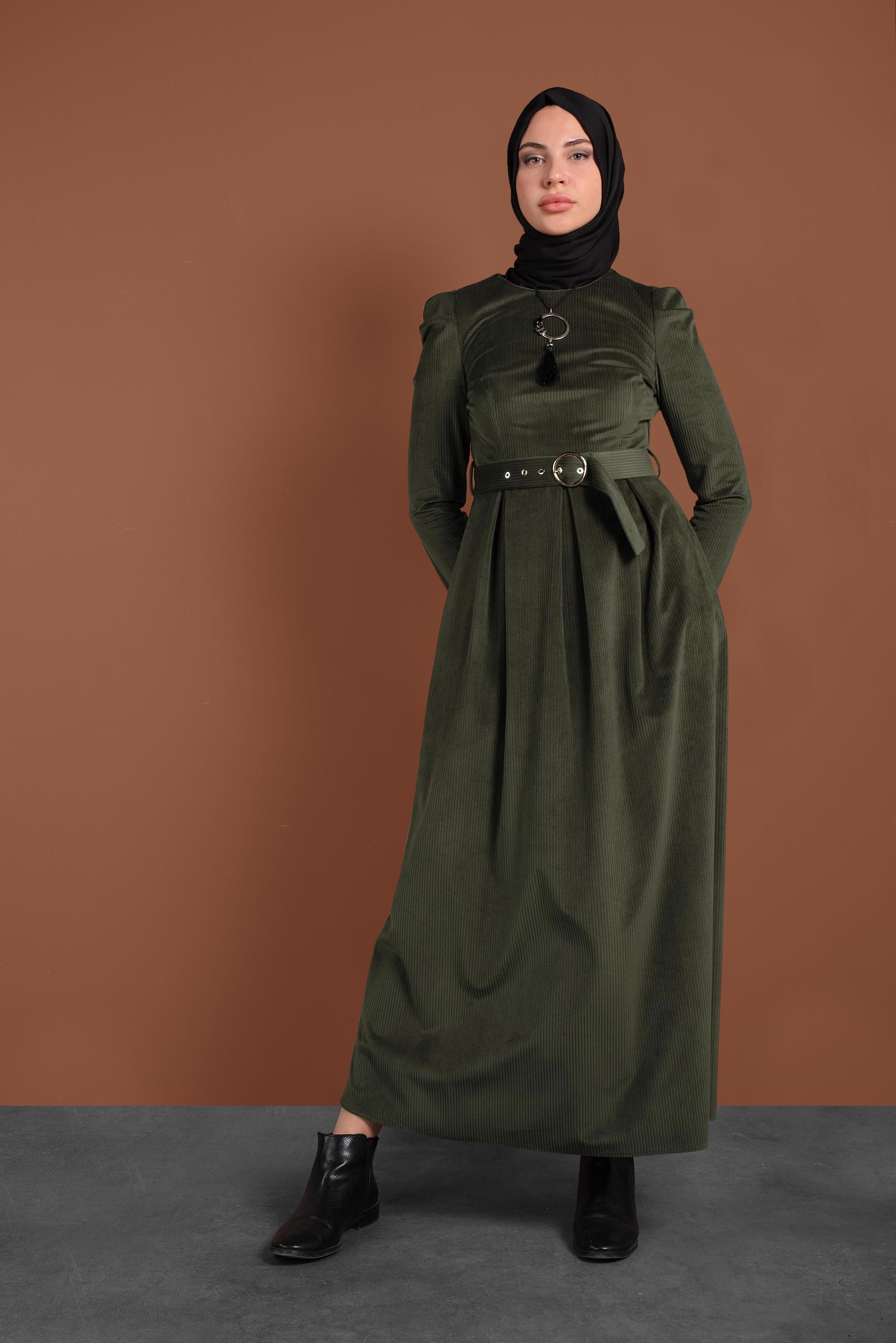 Tesettür giyim HAKİ KADİFE ELBİSE 40350 