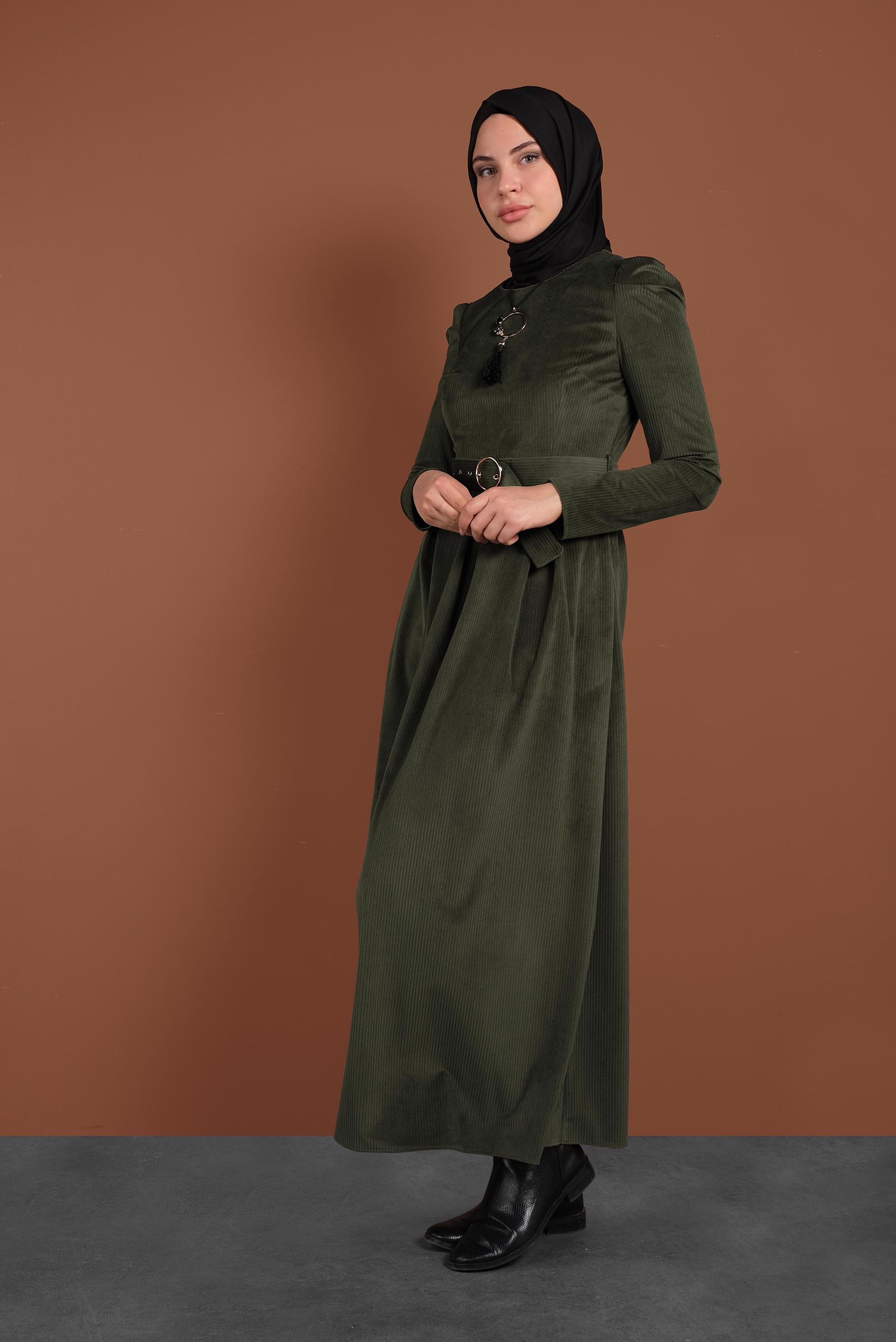 Tesettür giyim HAKİ KADİFE ELBİSE 40350 