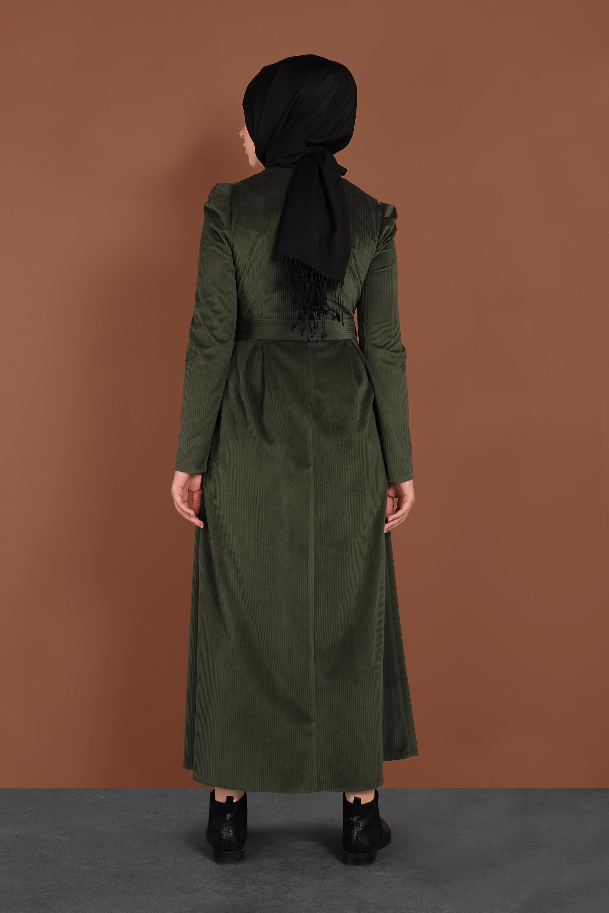 Tesettür giyim HAKİ KADİFE ELBİSE 40350 