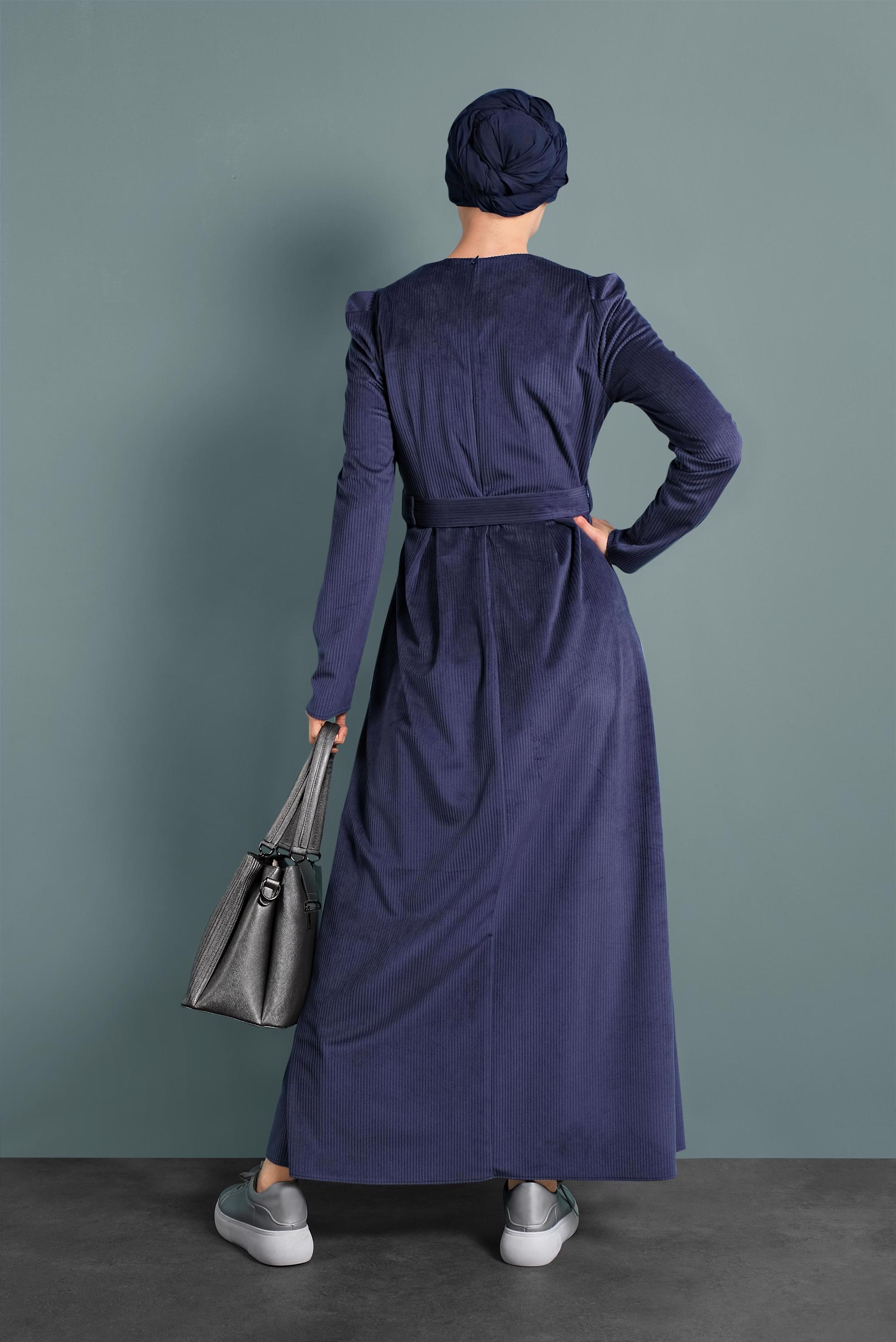 Tesettür giyim LACİVERT KADİFE ELBİSE 40350 