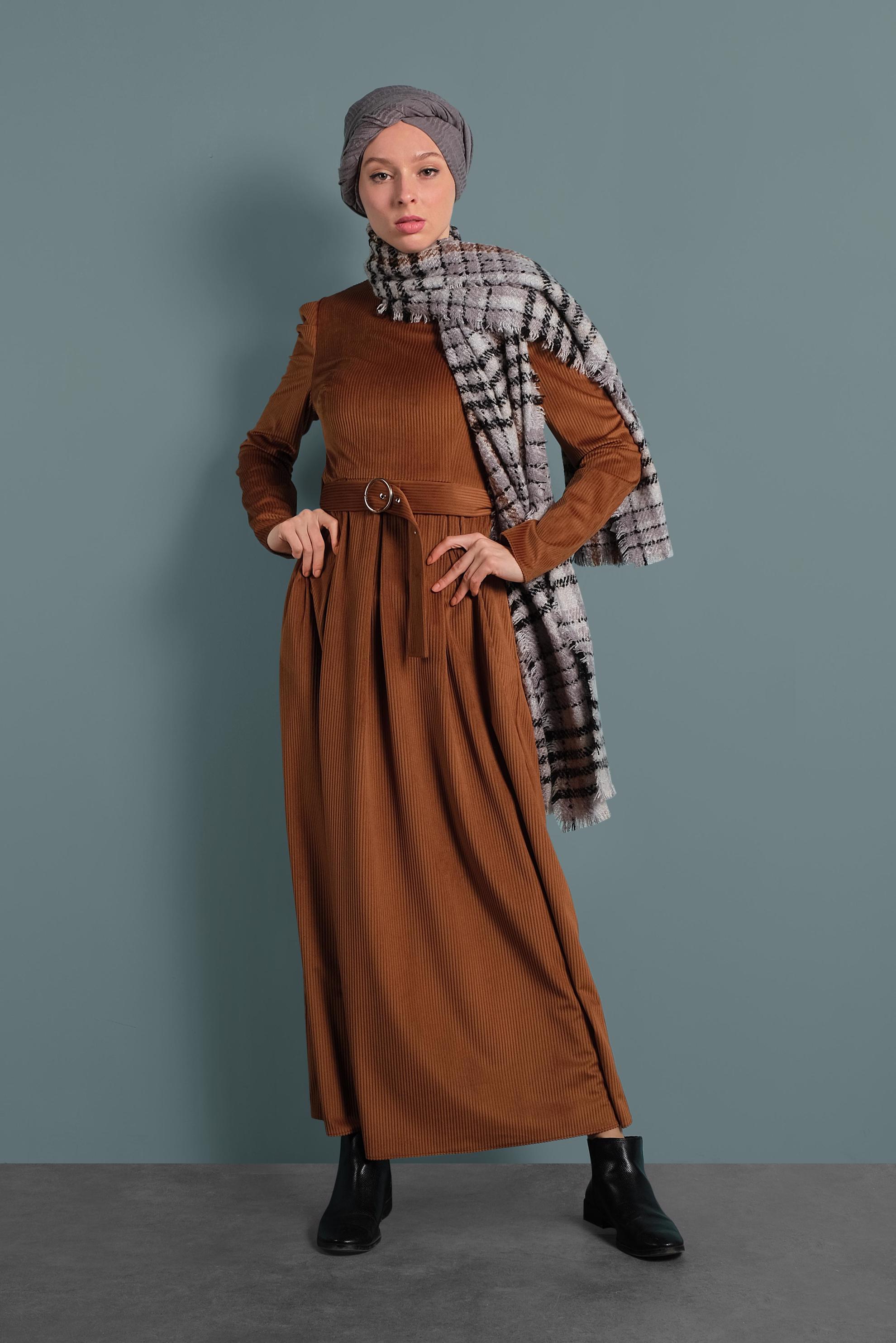 Tesettür giyim TABA KADİFE ELBİSE 40350 