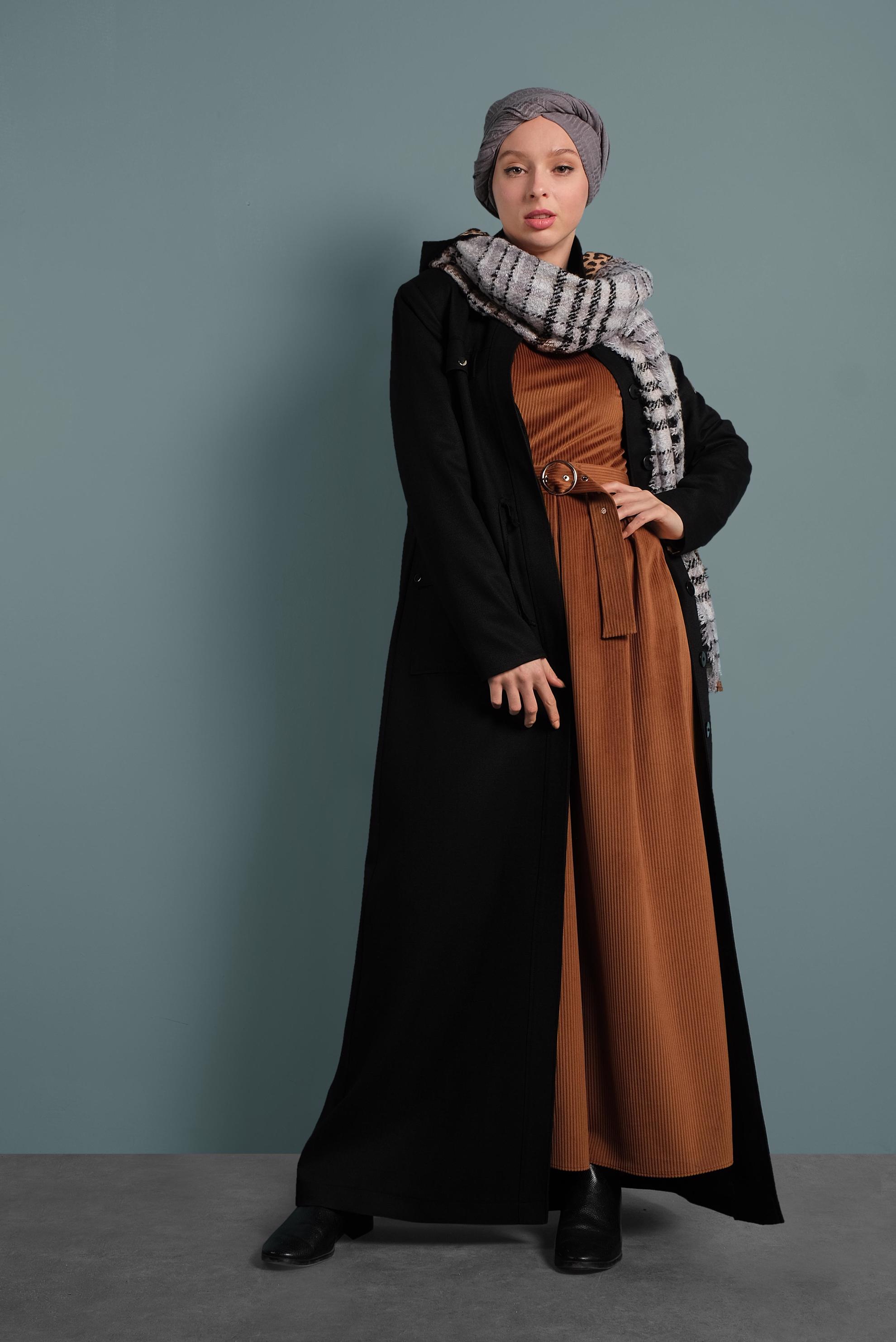 Tesettür giyim TABA KADİFE ELBİSE 40350 