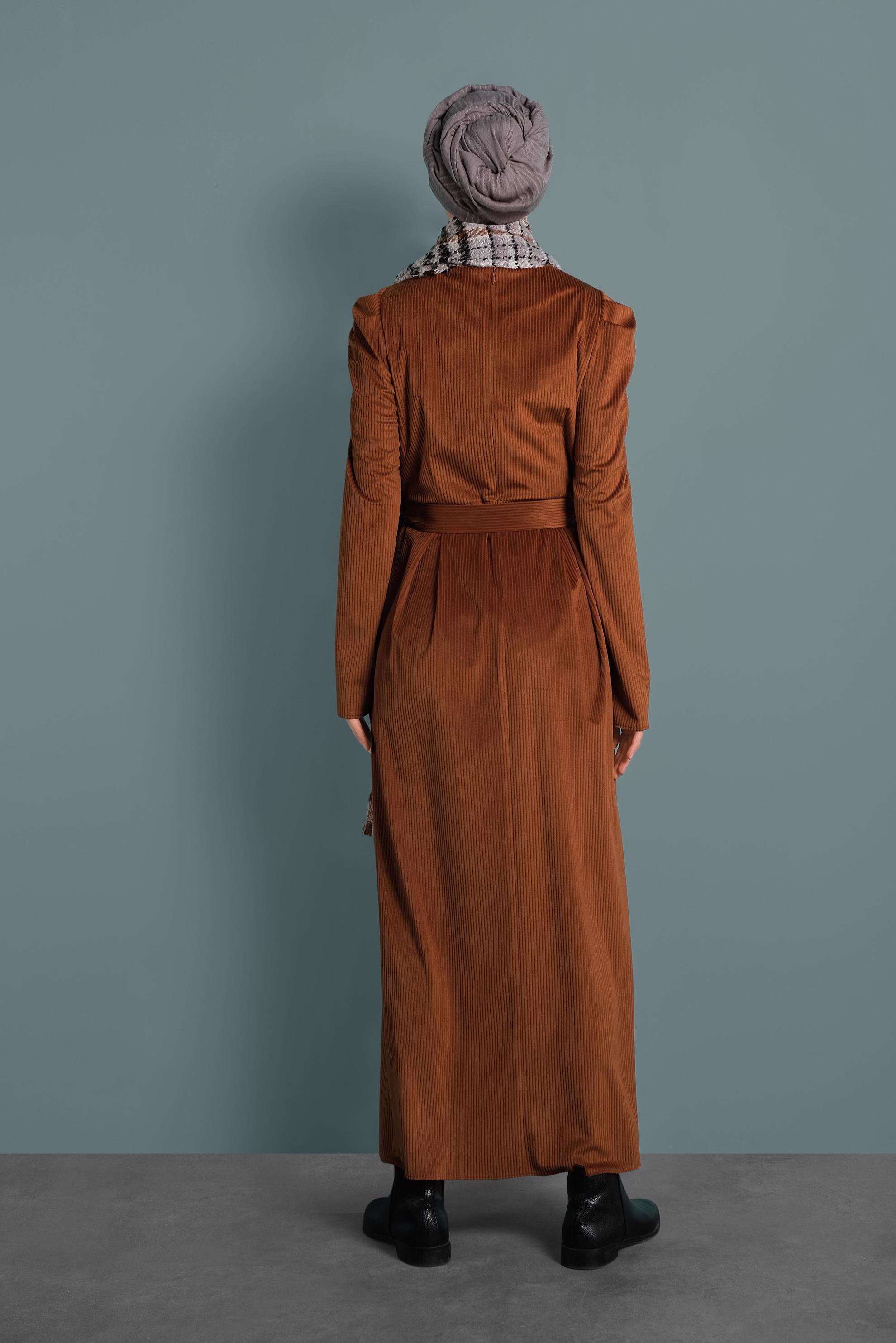 Tesettür giyim TABA KADİFE ELBİSE 40350 