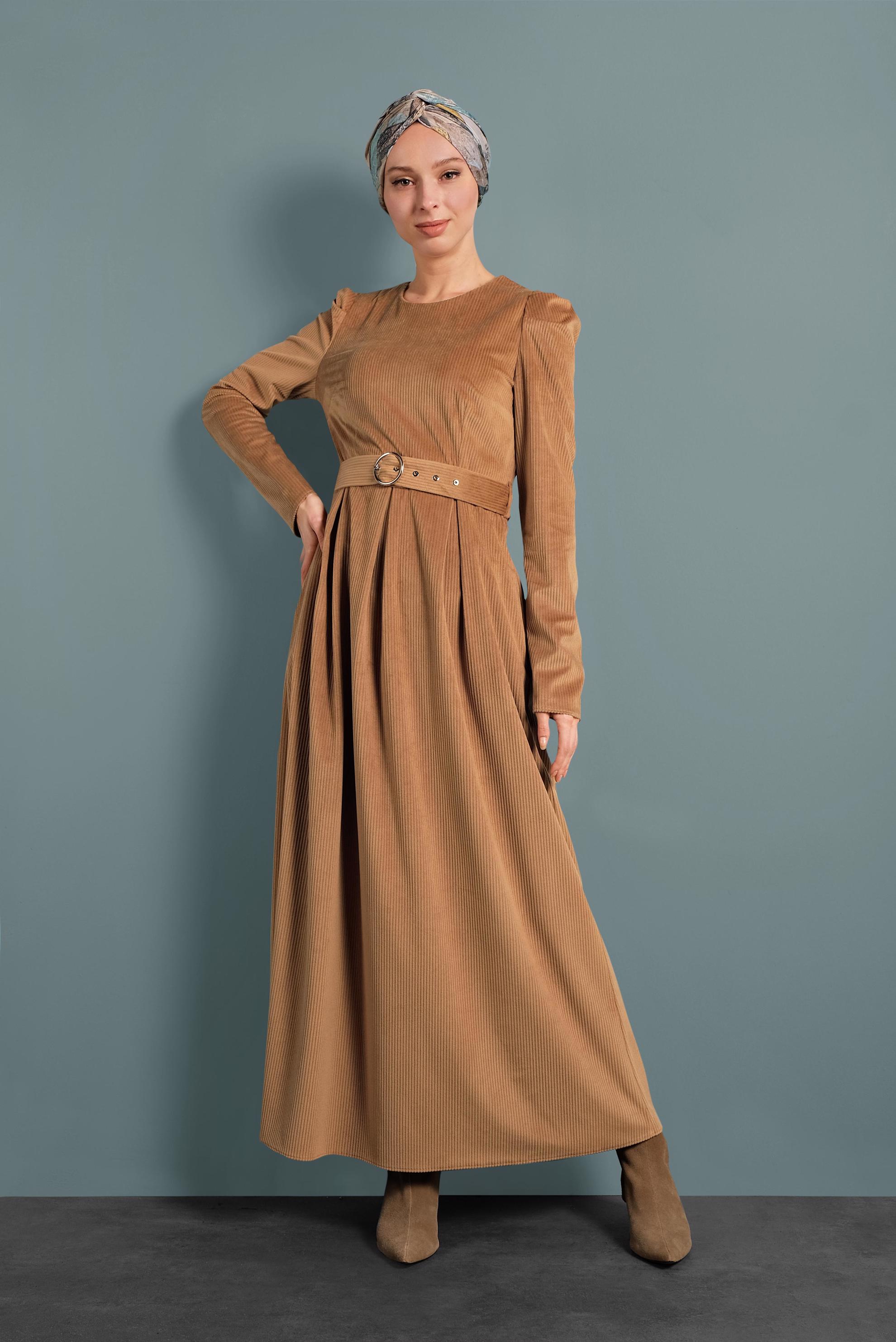 Tesettür giyim TABA KADİFE ELBİSE 40350 