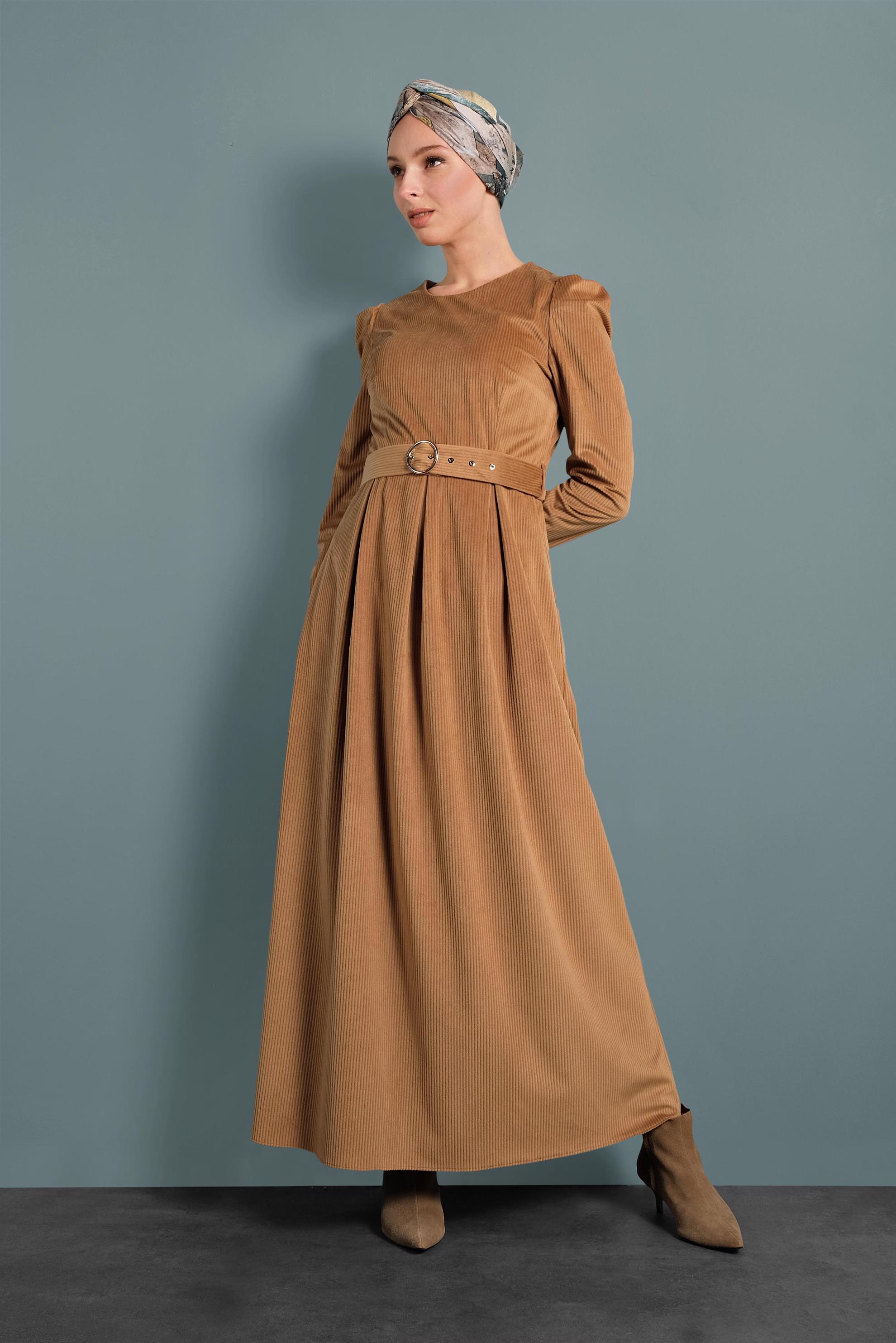 Tesettür giyim TABA KADİFE ELBİSE 40350 