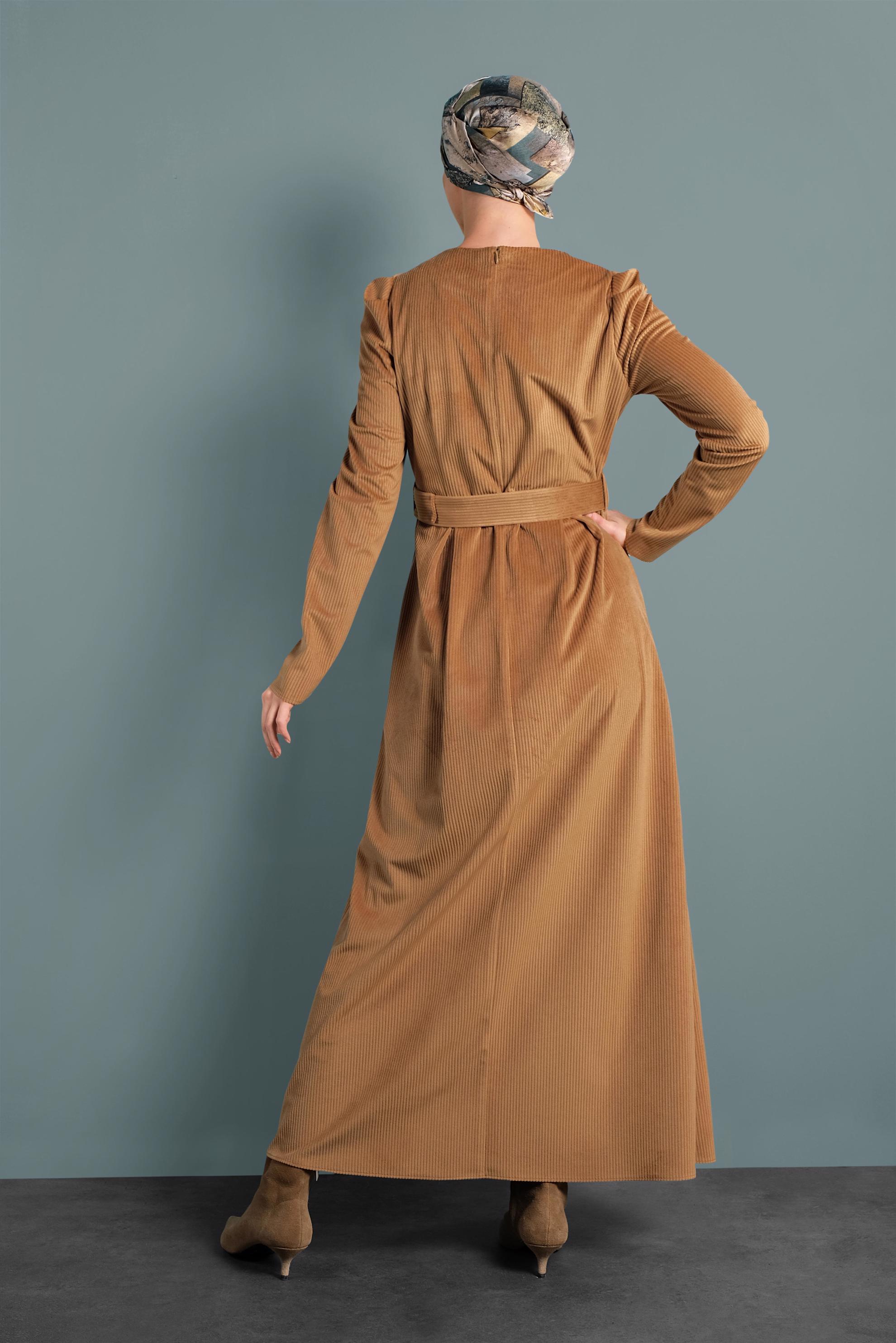 Tesettür giyim TABA KADİFE ELBİSE 40350 