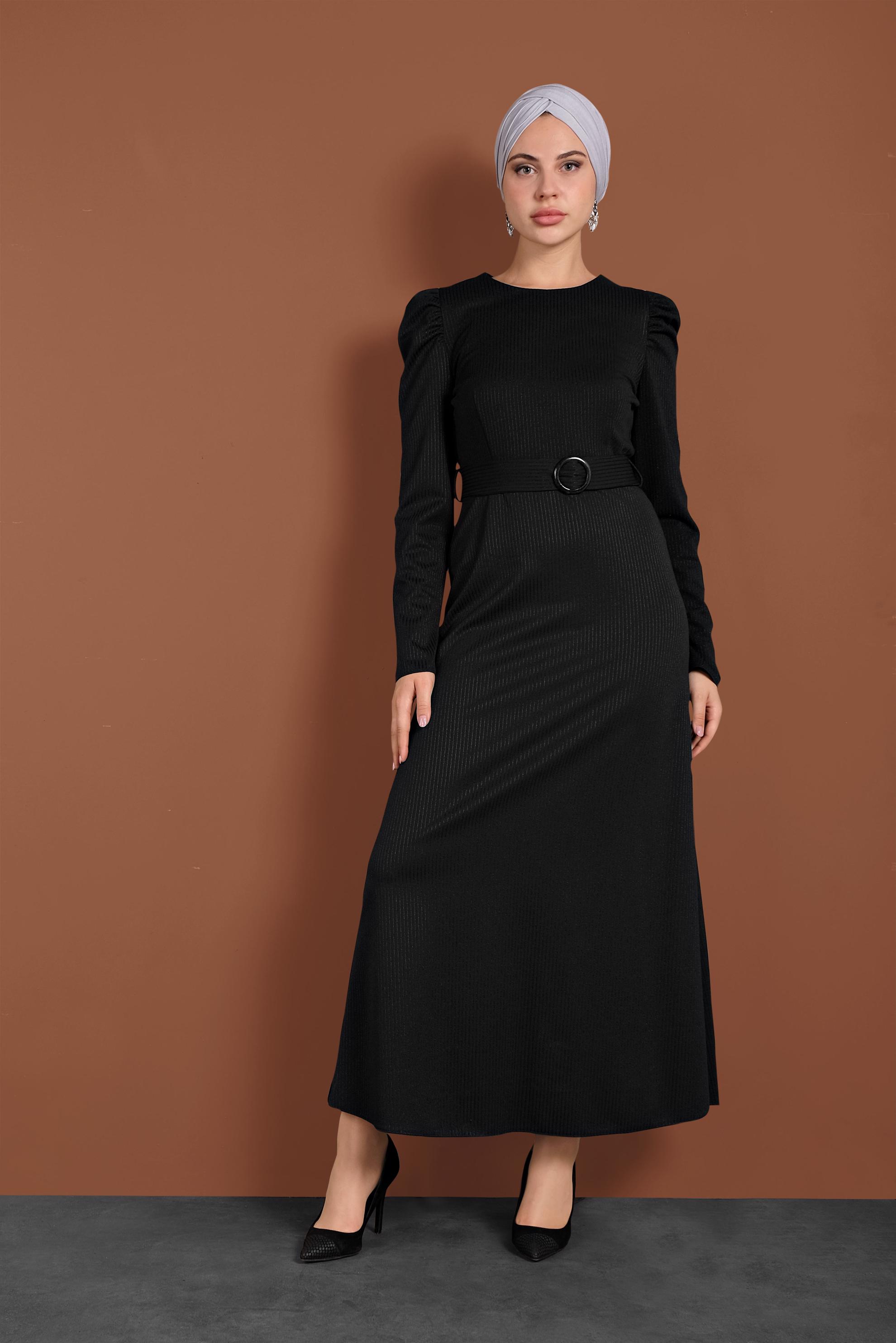 Tesettür giyim SİYAH KEMERLİ KARPUZ KOL ELBİSE 40363 