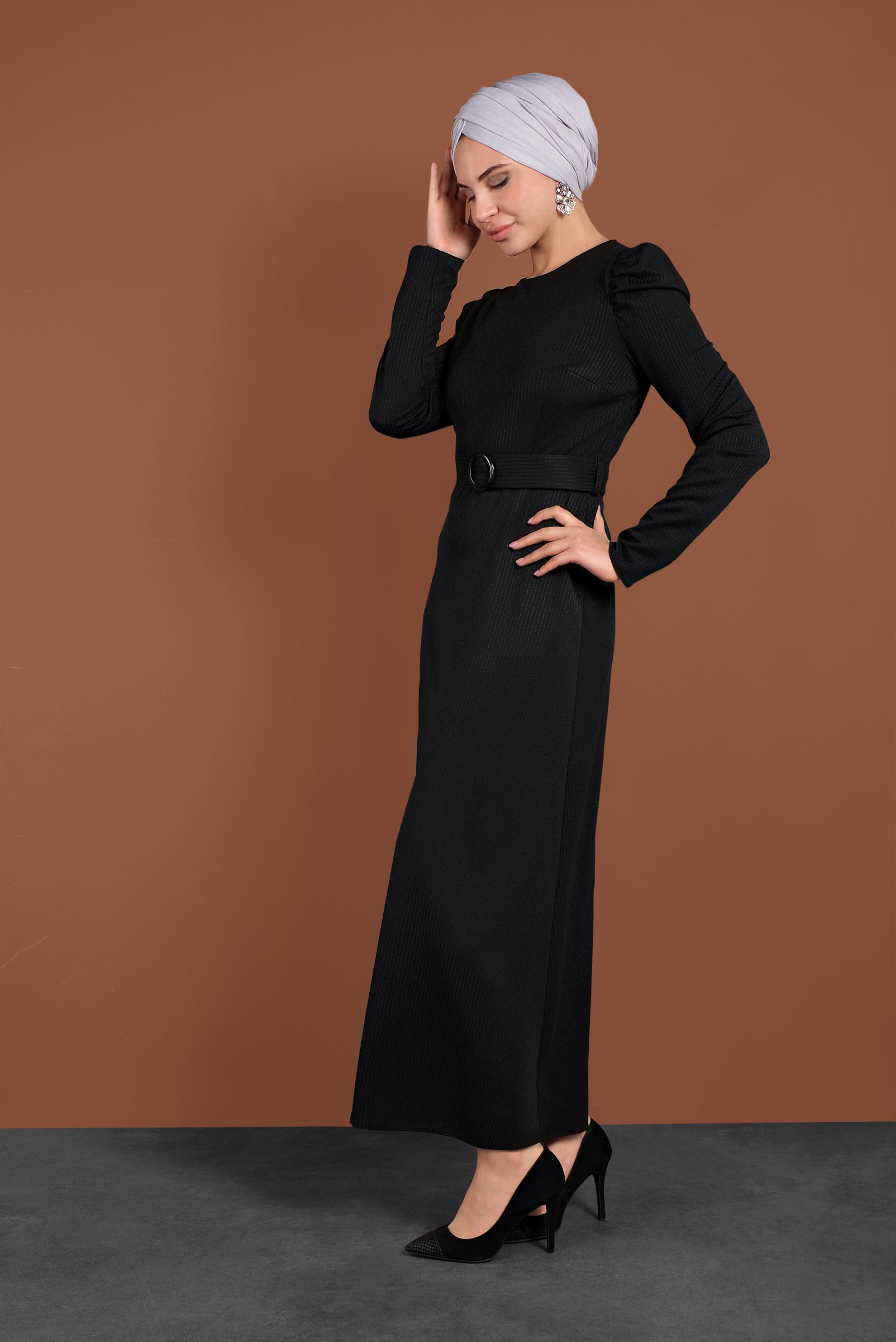 Tesettür giyim SİYAH KEMERLİ KARPUZ KOL ELBİSE 40363 