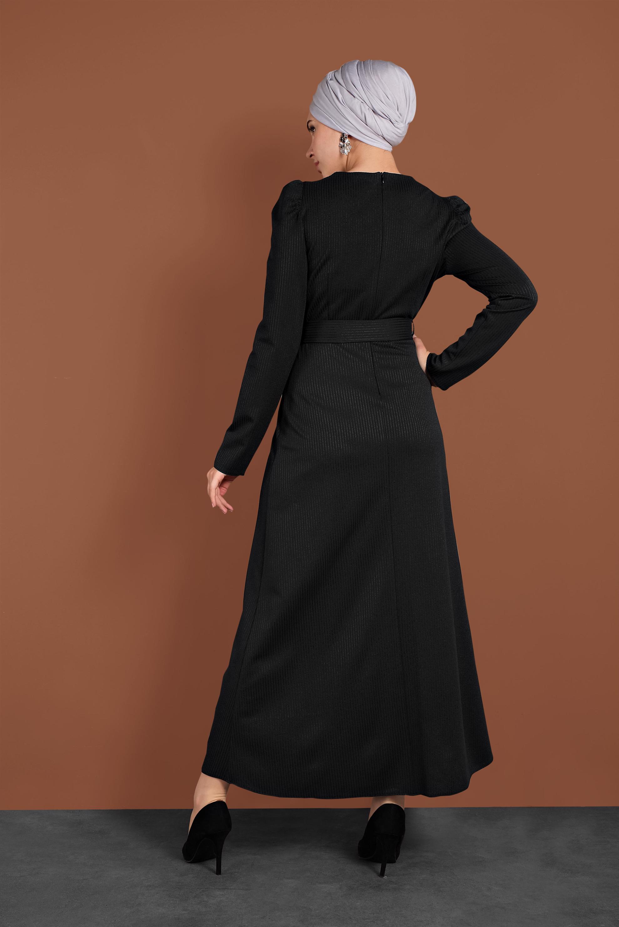 Tesettür giyim SİYAH KEMERLİ KARPUZ KOL ELBİSE 40363 