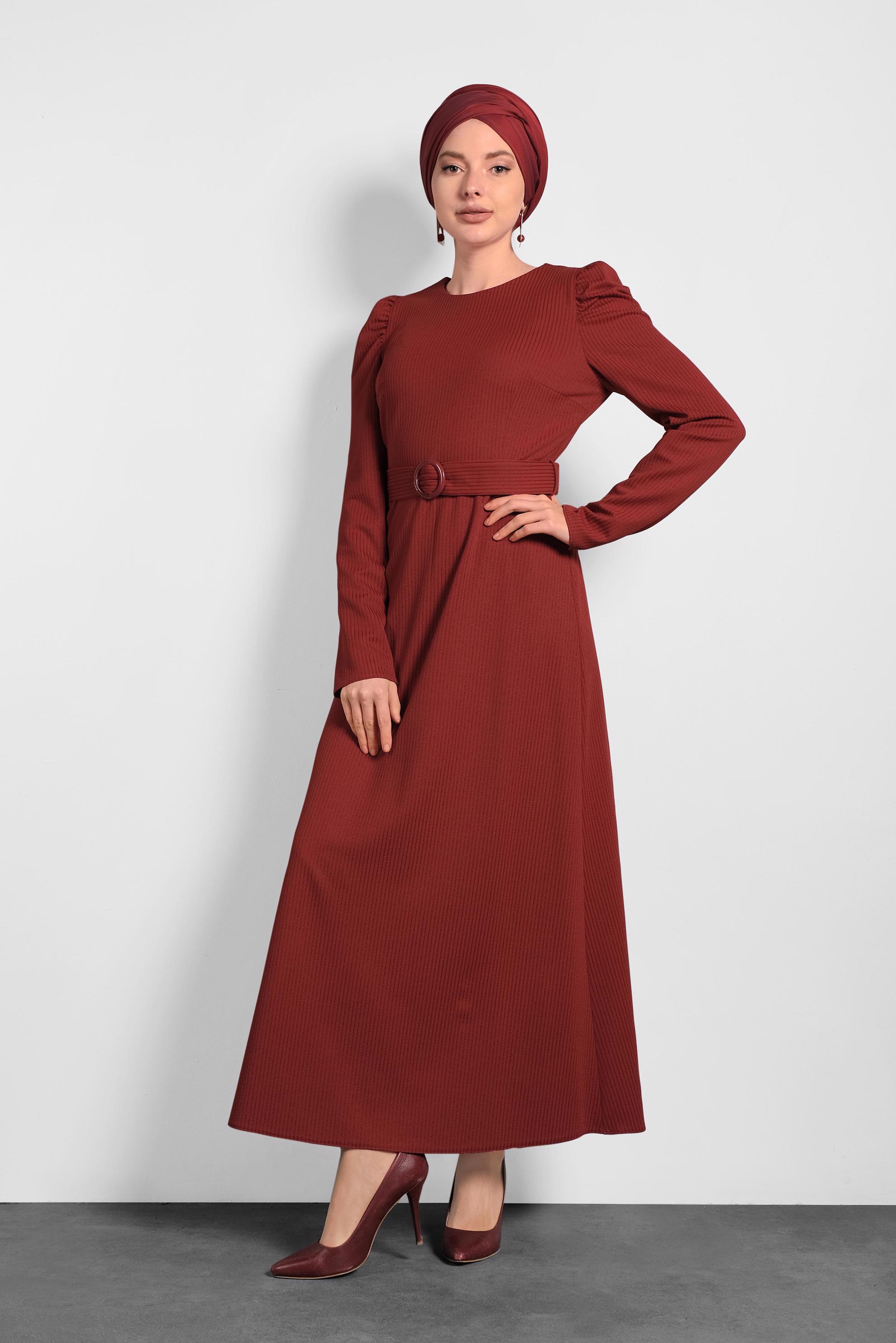 Tesettür giyim BORDO KEMERLİ KARPUZ KOL ELBİSE 40363 