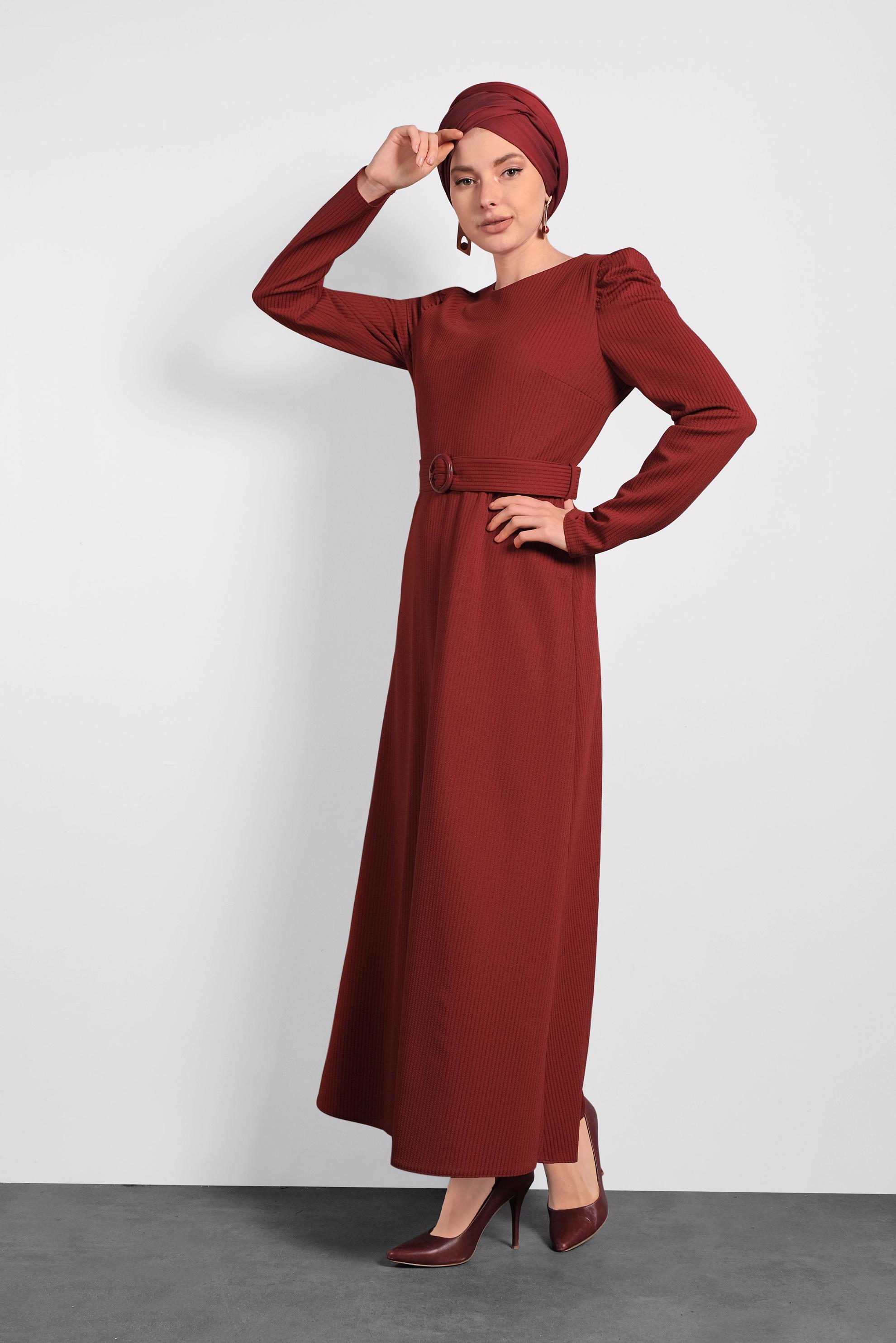 Tesettür giyim BORDO KEMERLİ KARPUZ KOL ELBİSE 40363 