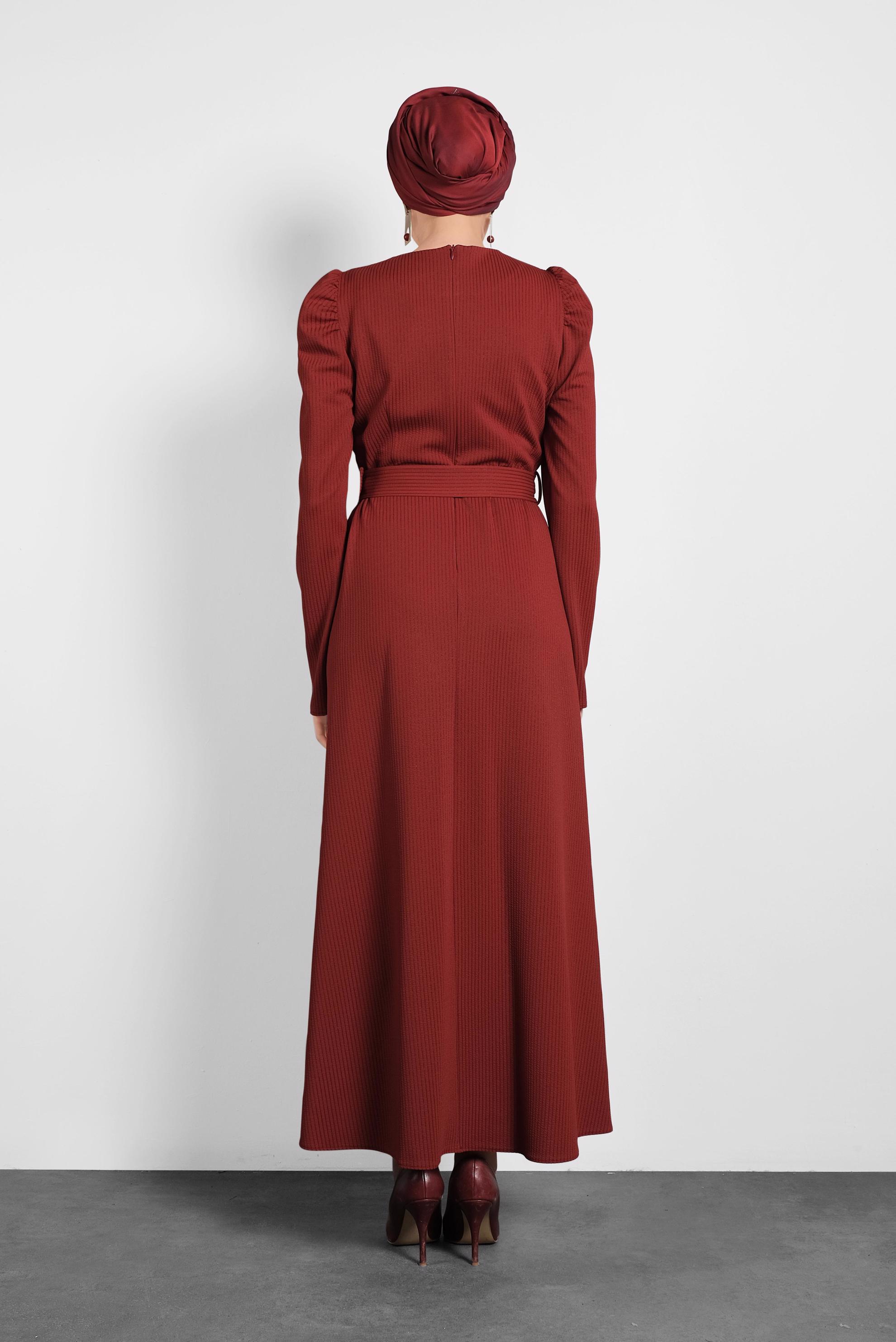 Tesettür giyim BORDO KEMERLİ KARPUZ KOL ELBİSE 40363 