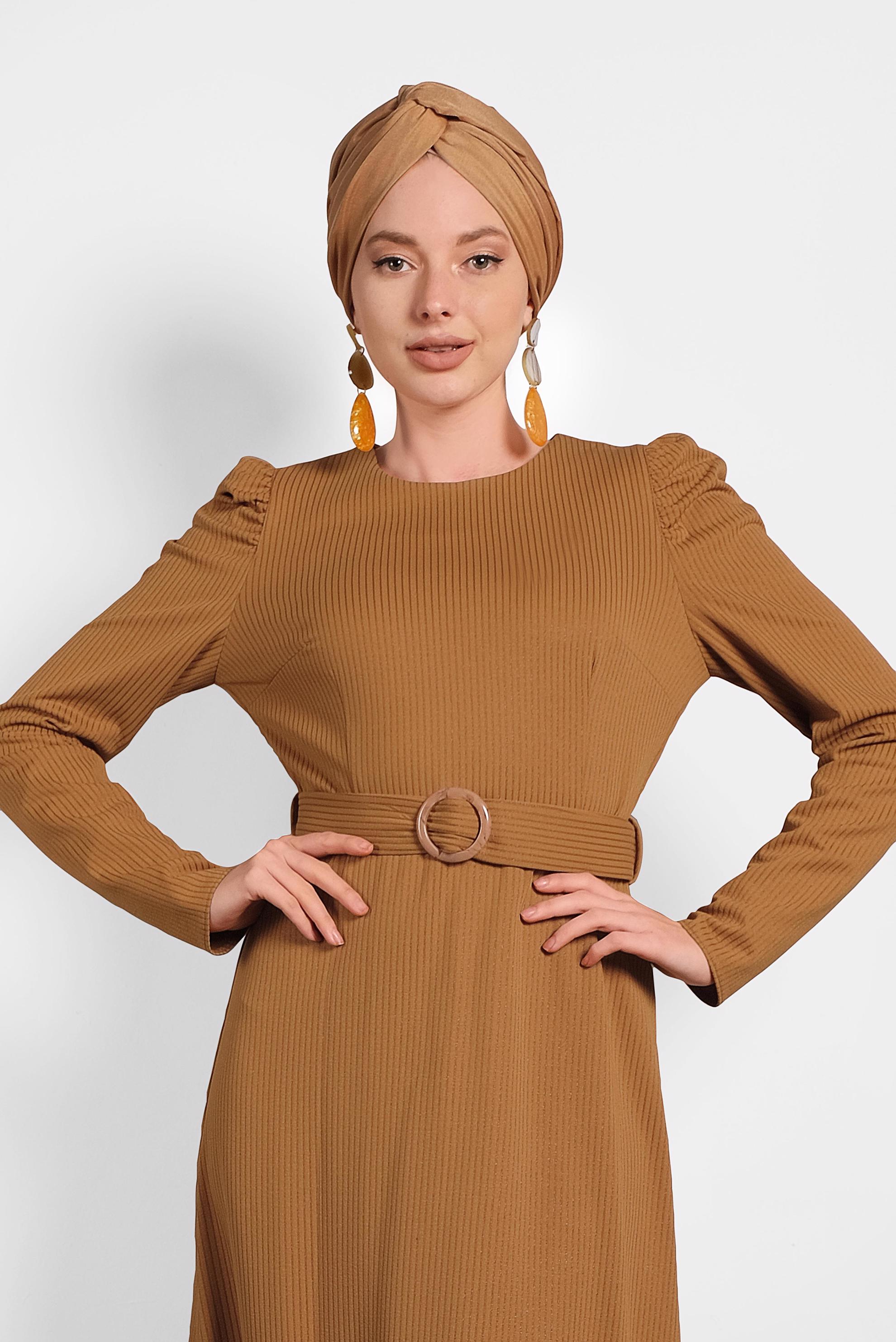 Tesettür giyim KAHVE KEMERLİ KARPUZ KOL ELBİSE 40363 