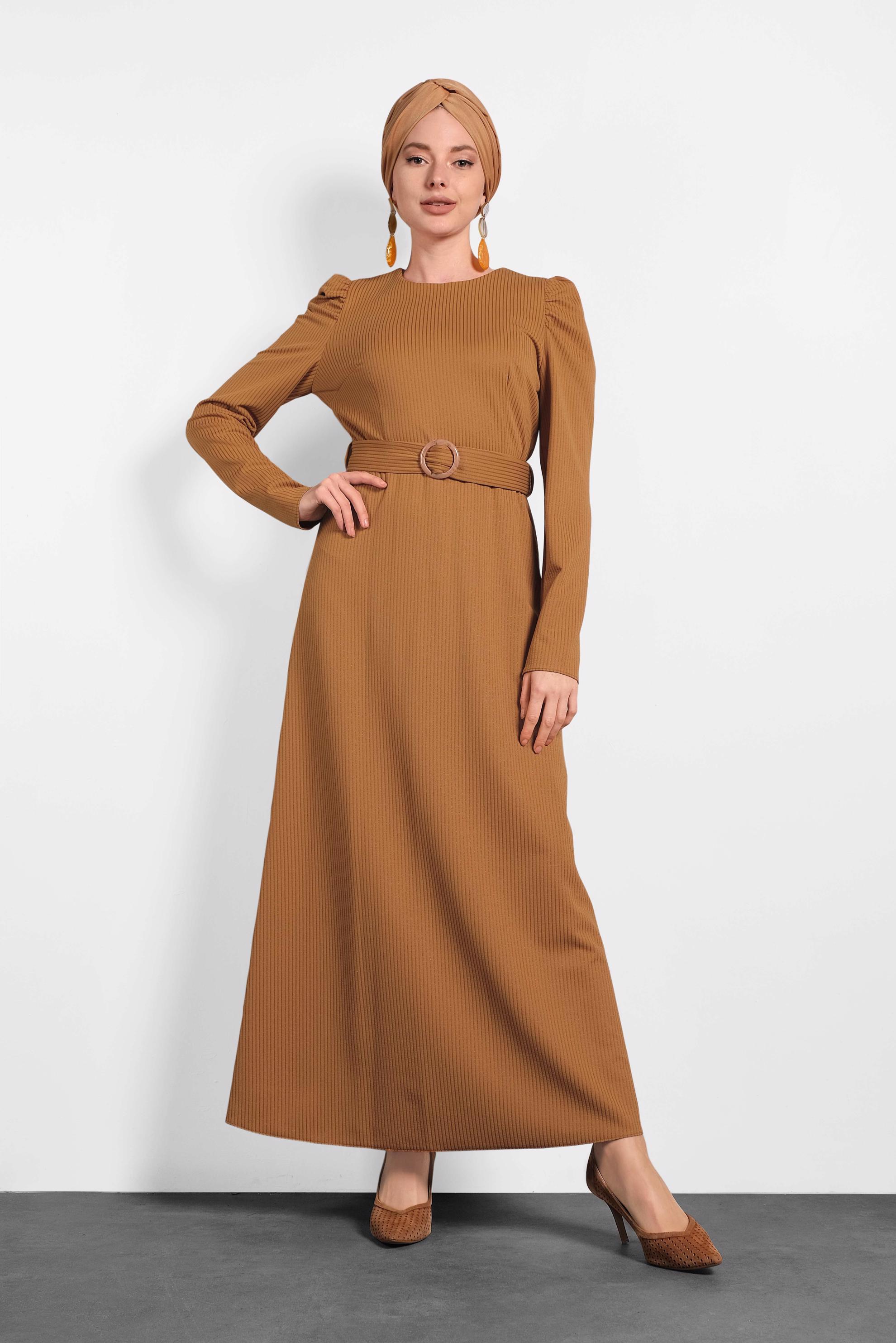 Tesettür giyim KAHVE KEMERLİ KARPUZ KOL ELBİSE 40363 