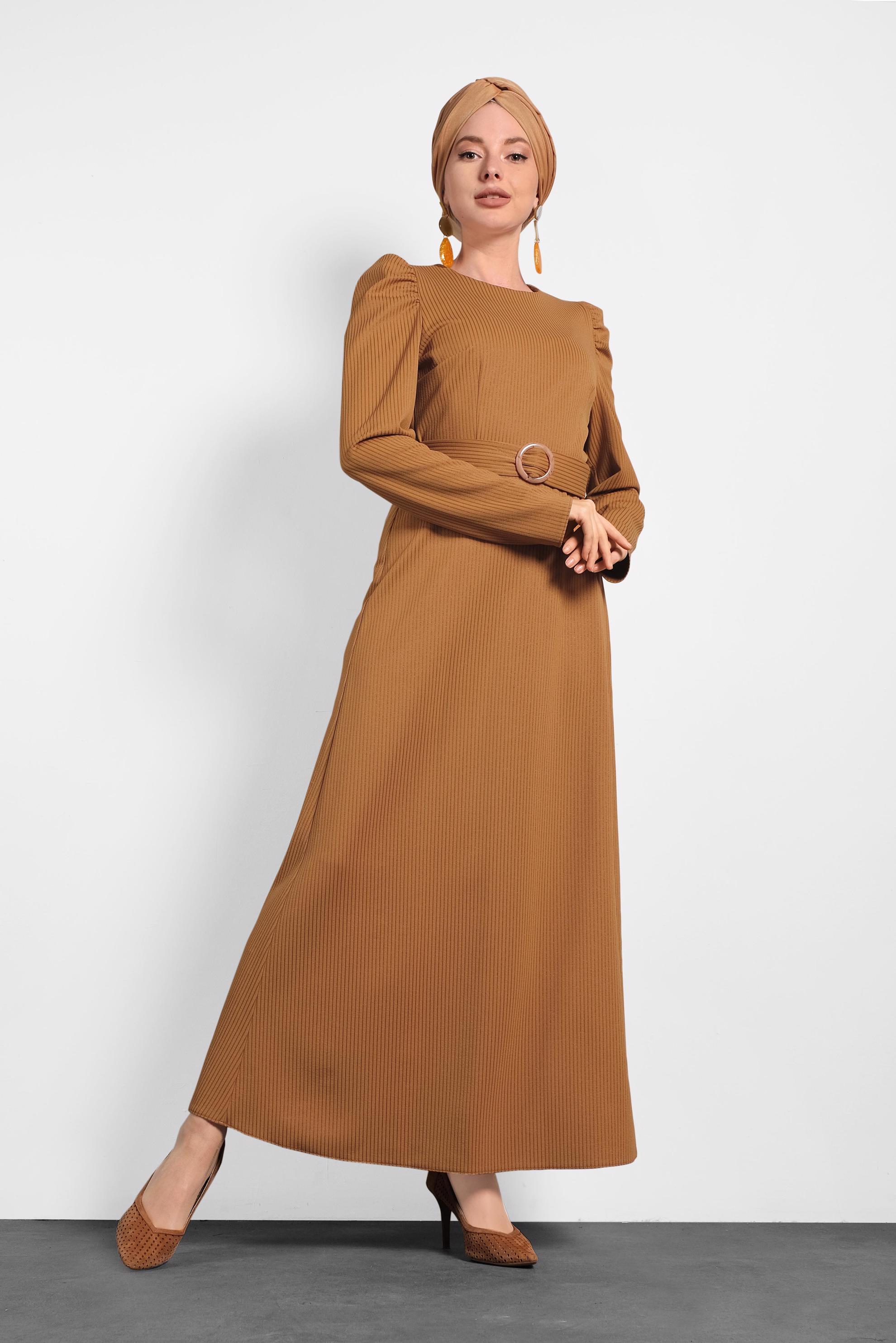 Tesettür giyim KAHVE KEMERLİ KARPUZ KOL ELBİSE 40363 