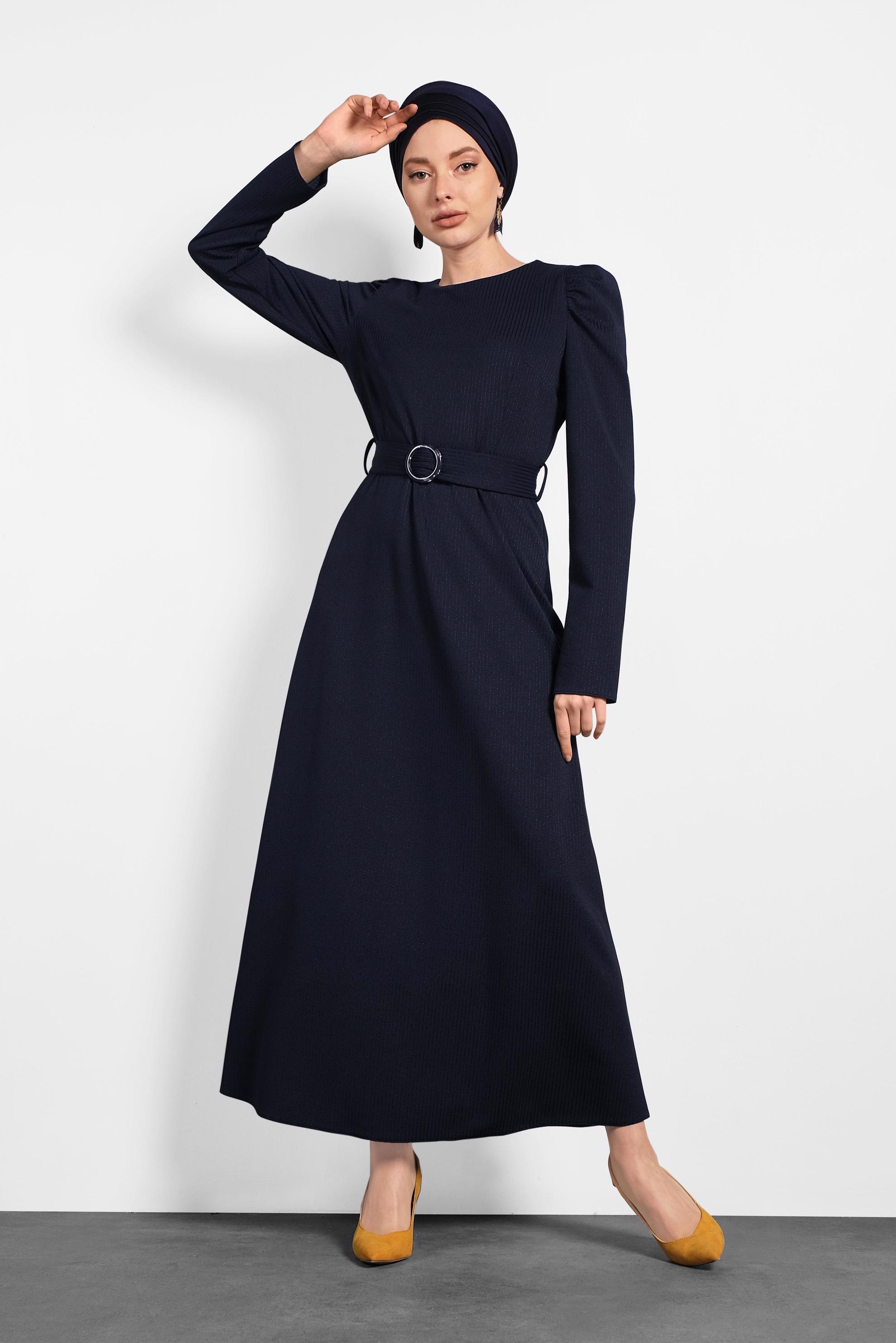 Tesettür giyim LACİVERT KEMERLİ KARPUZ KOL ELBİSE 40363 