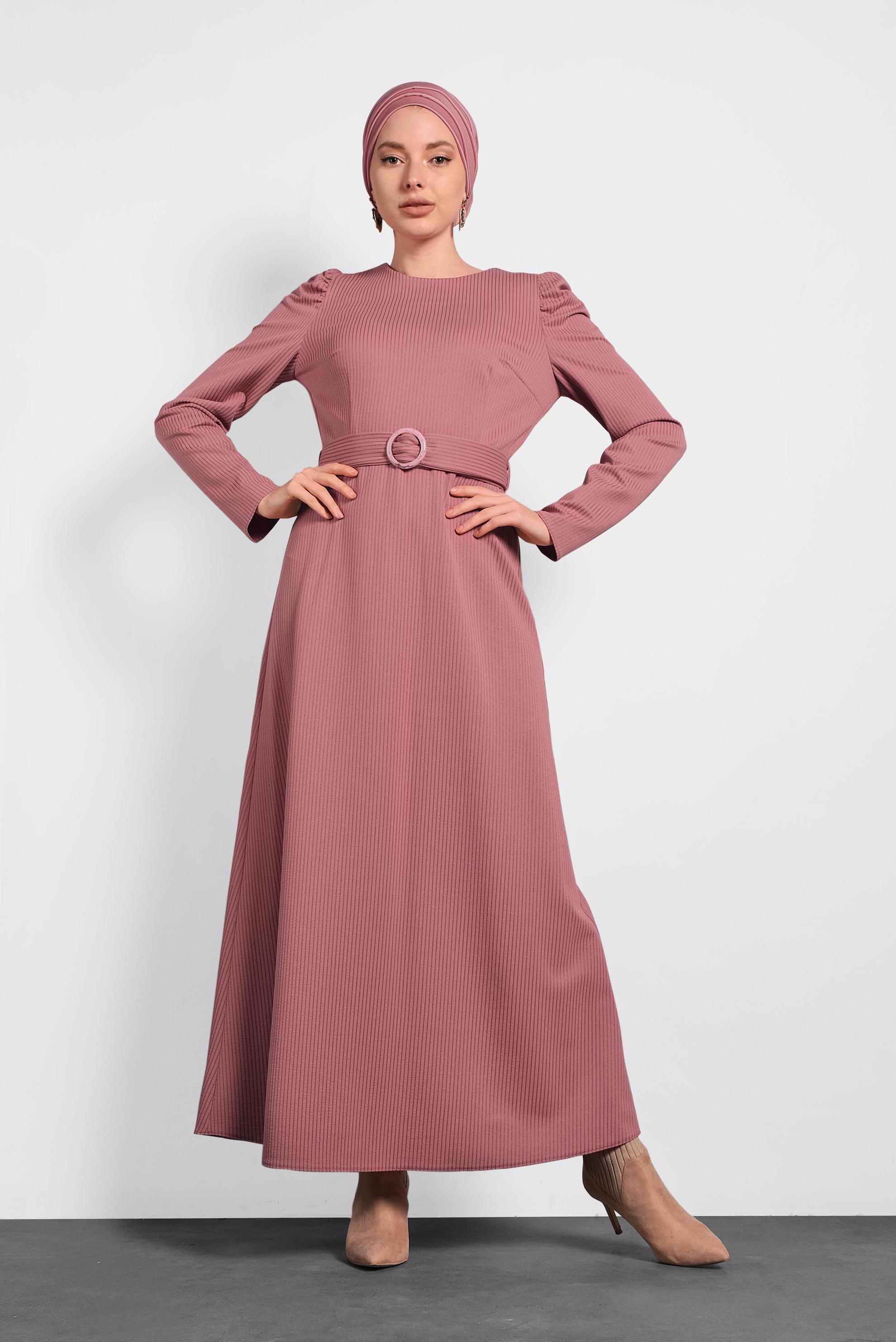 Tesettür giyim PUDRA KEMERLİ KARPUZ KOL ELBİSE 40363 