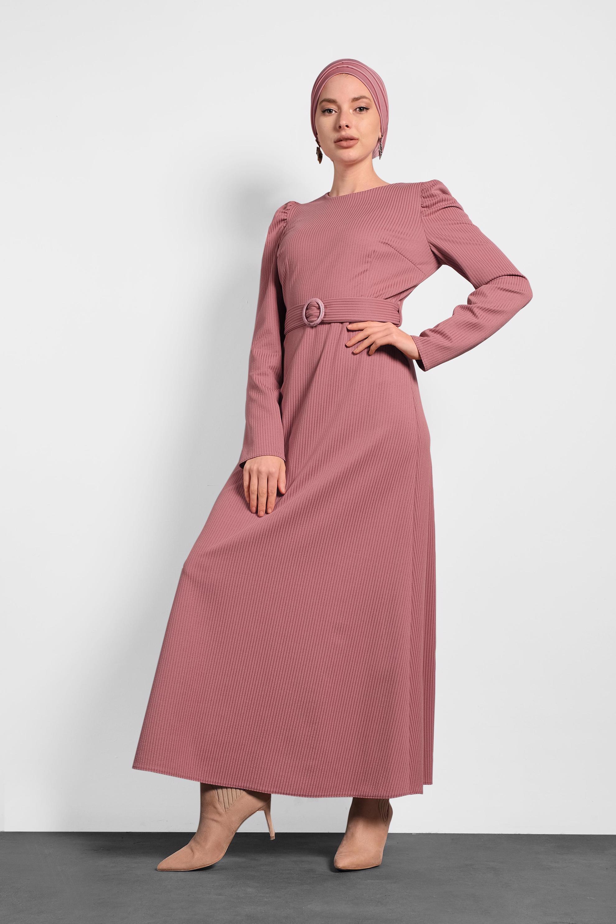 Tesettür giyim PUDRA KEMERLİ KARPUZ KOL ELBİSE 40363 