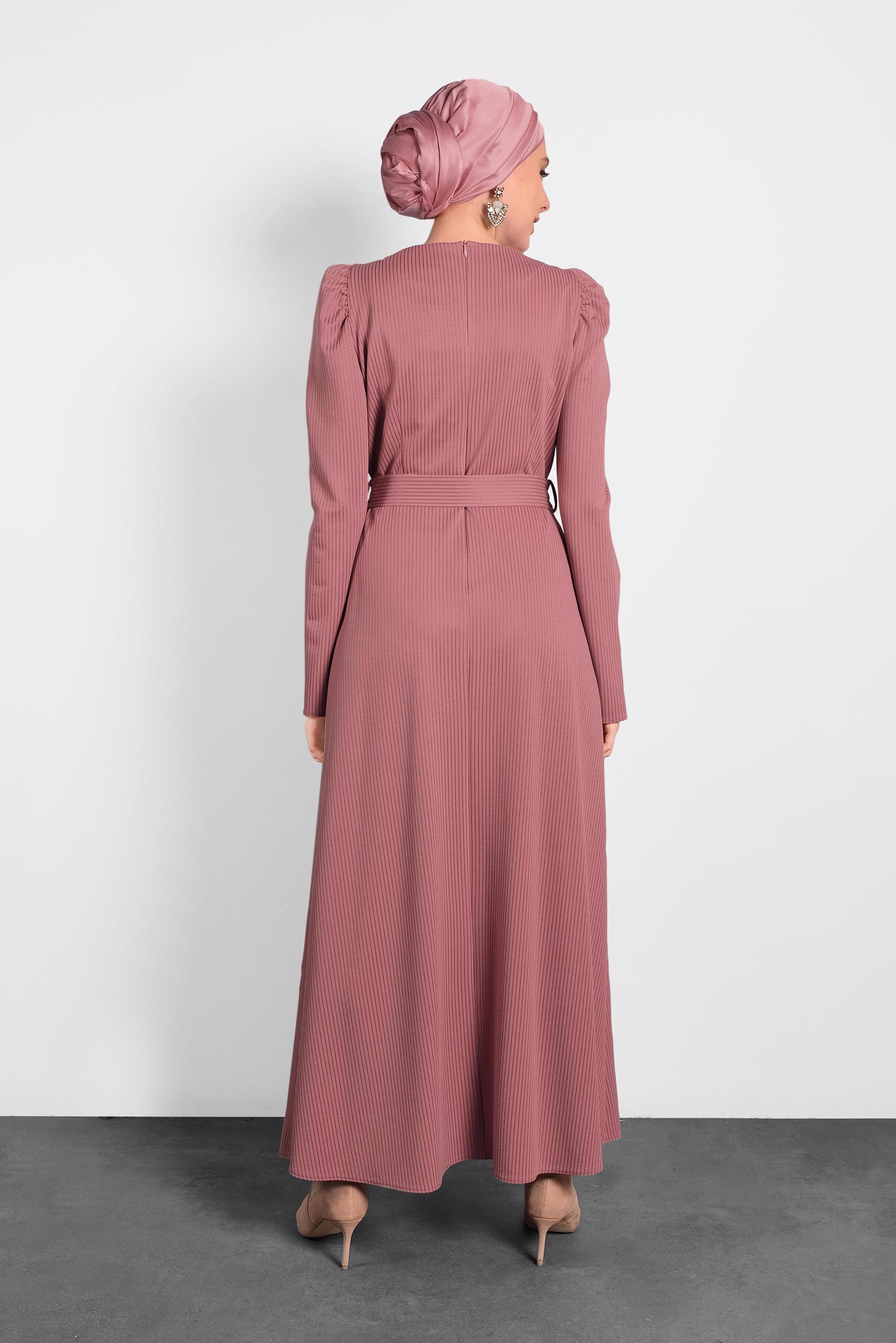 Tesettür giyim PUDRA KEMERLİ KARPUZ KOL ELBİSE 40363 