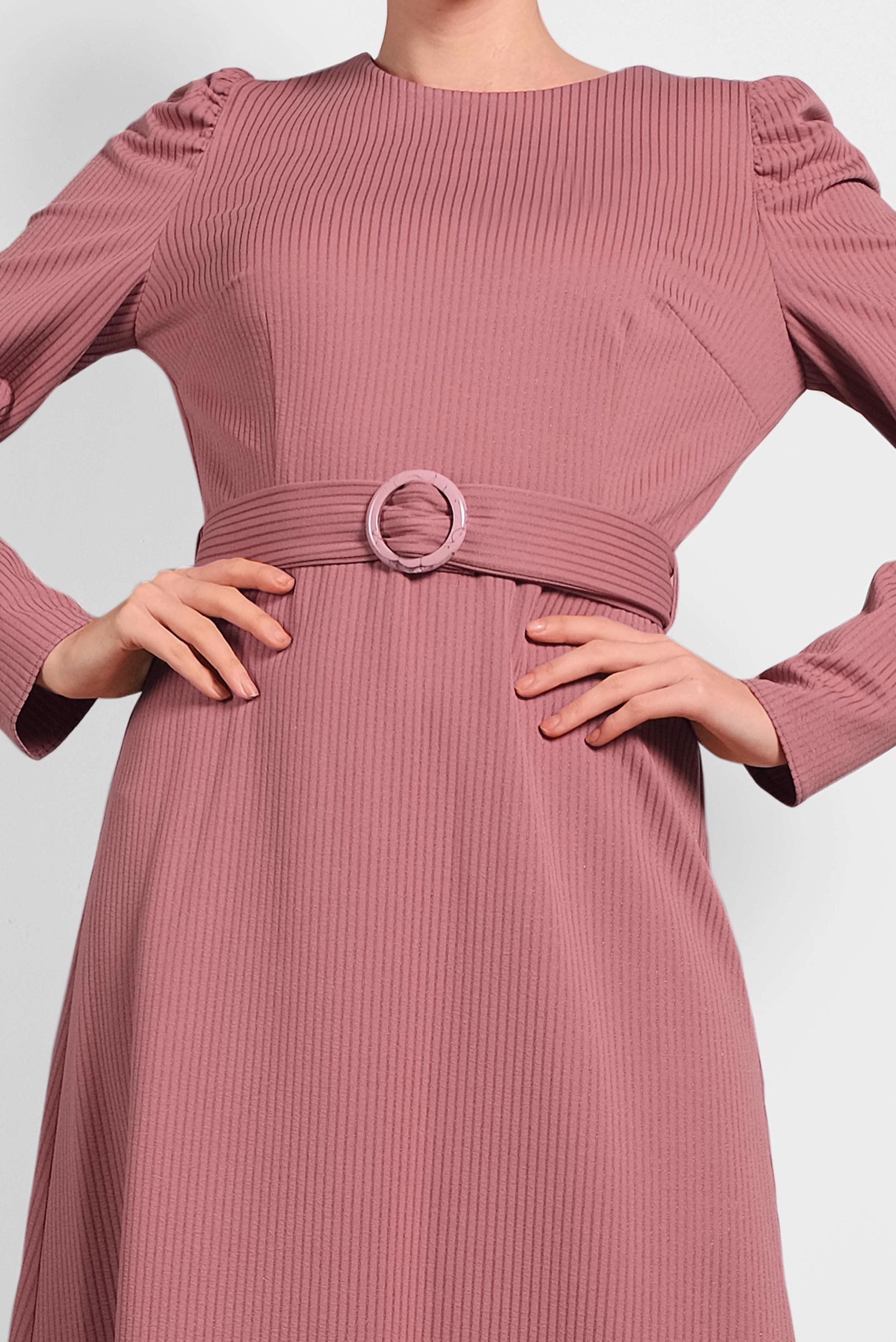 Tesettür giyim PUDRA KEMERLİ KARPUZ KOL ELBİSE 40363 