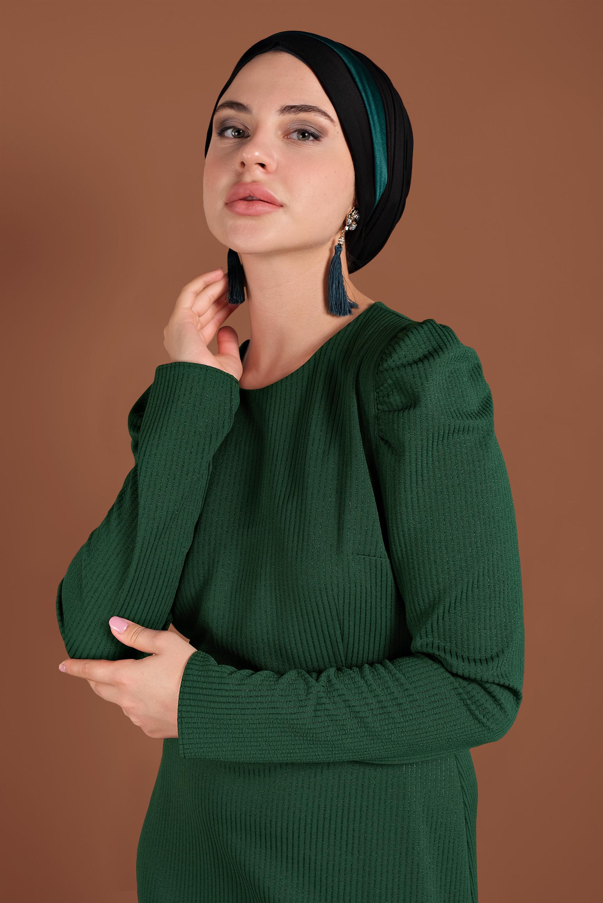 Tesettür giyim YEŞİL KEMERLİ KARPUZ KOL ELBİSE 40363 