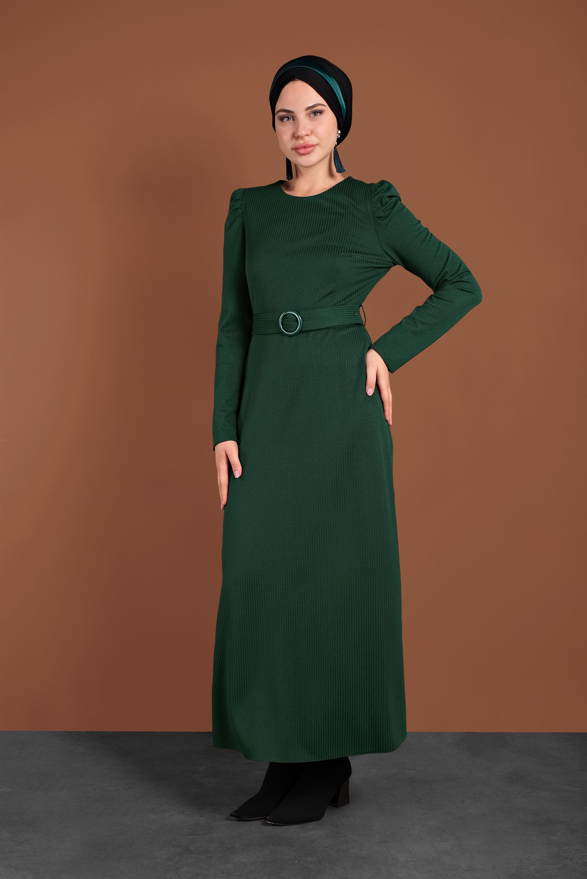 Tesettür giyim YEŞİL KEMERLİ KARPUZ KOL ELBİSE 40363 