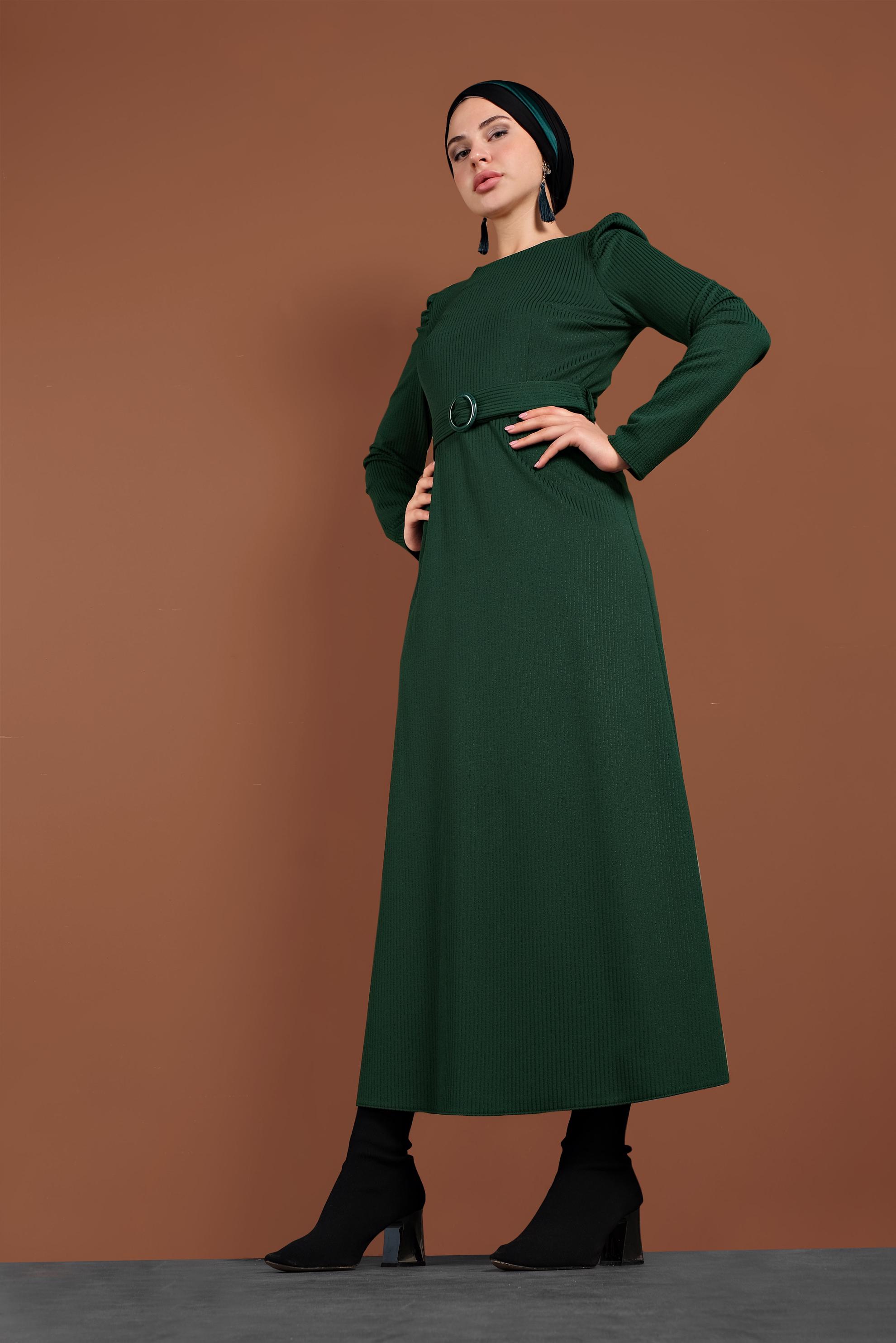 Tesettür giyim YEŞİL KEMERLİ KARPUZ KOL ELBİSE 40363 